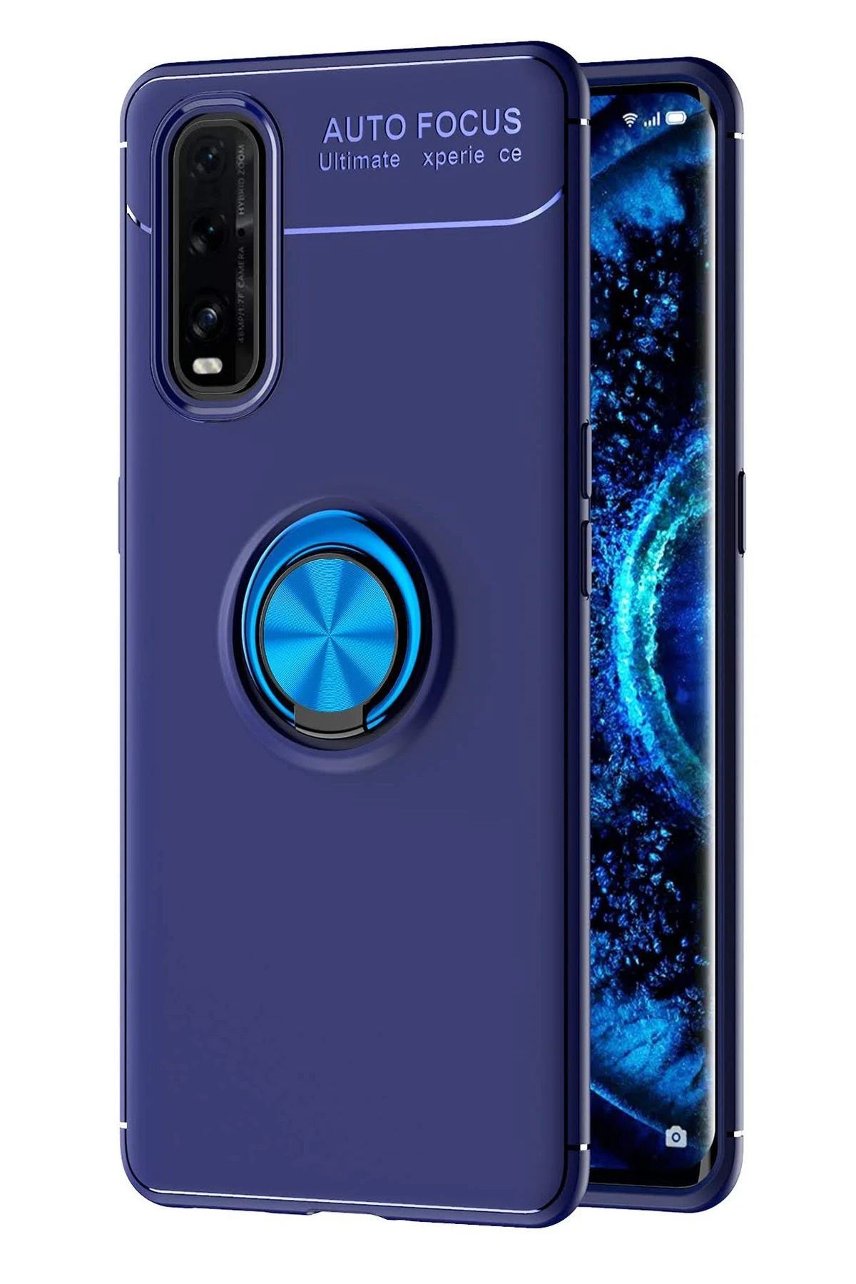 NewFace Find X2 Kılıf Range Yüzüklü Silikon - Mavi HNZRN
