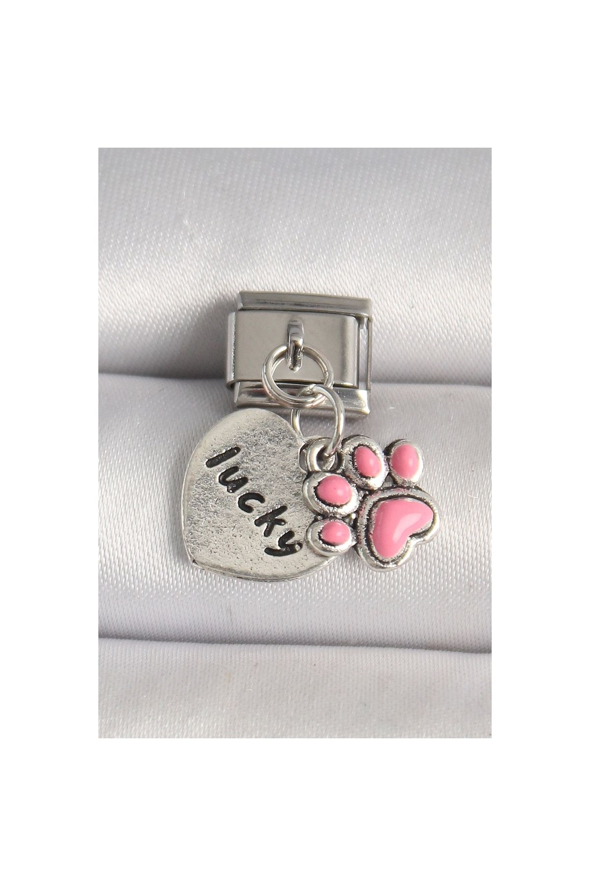 Marsilyan 316L Çelik Gümüş Renk Pembe Pati 'lucky' İşlemeli Kalp Model Nomination Charm - TJ-BC1236