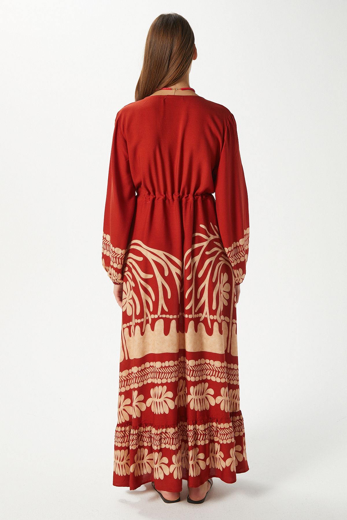 Ritnice-Modest Women's Honey Cinnamon Waist Gathered 100% Viscose V-Neck Long Summer Dress 6