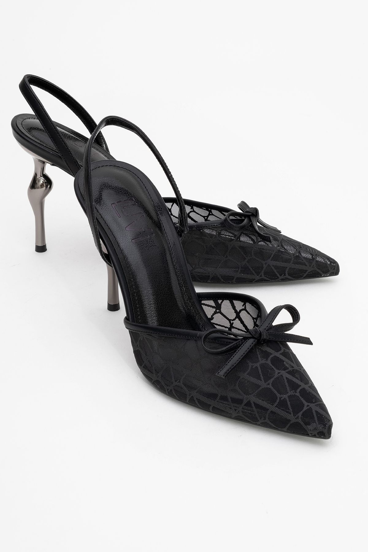 LuviShoes Pantofi Cu Toc De Damă Peony Cu Plasă Neagră Cu Fundă Ascuțită Femeie - 38