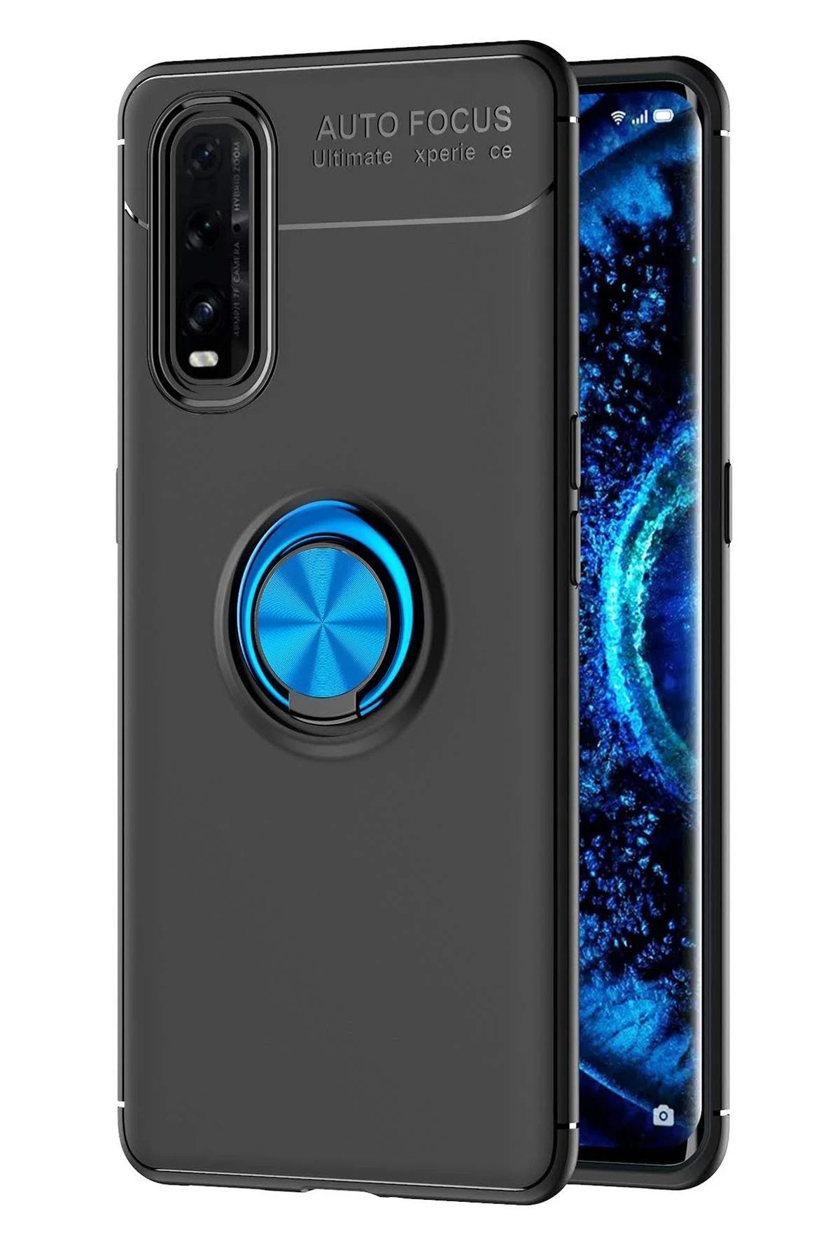 NewFace Find X2 Kılıf Range Yüzüklü Silikon - Siyah-Mavi HNZRN
