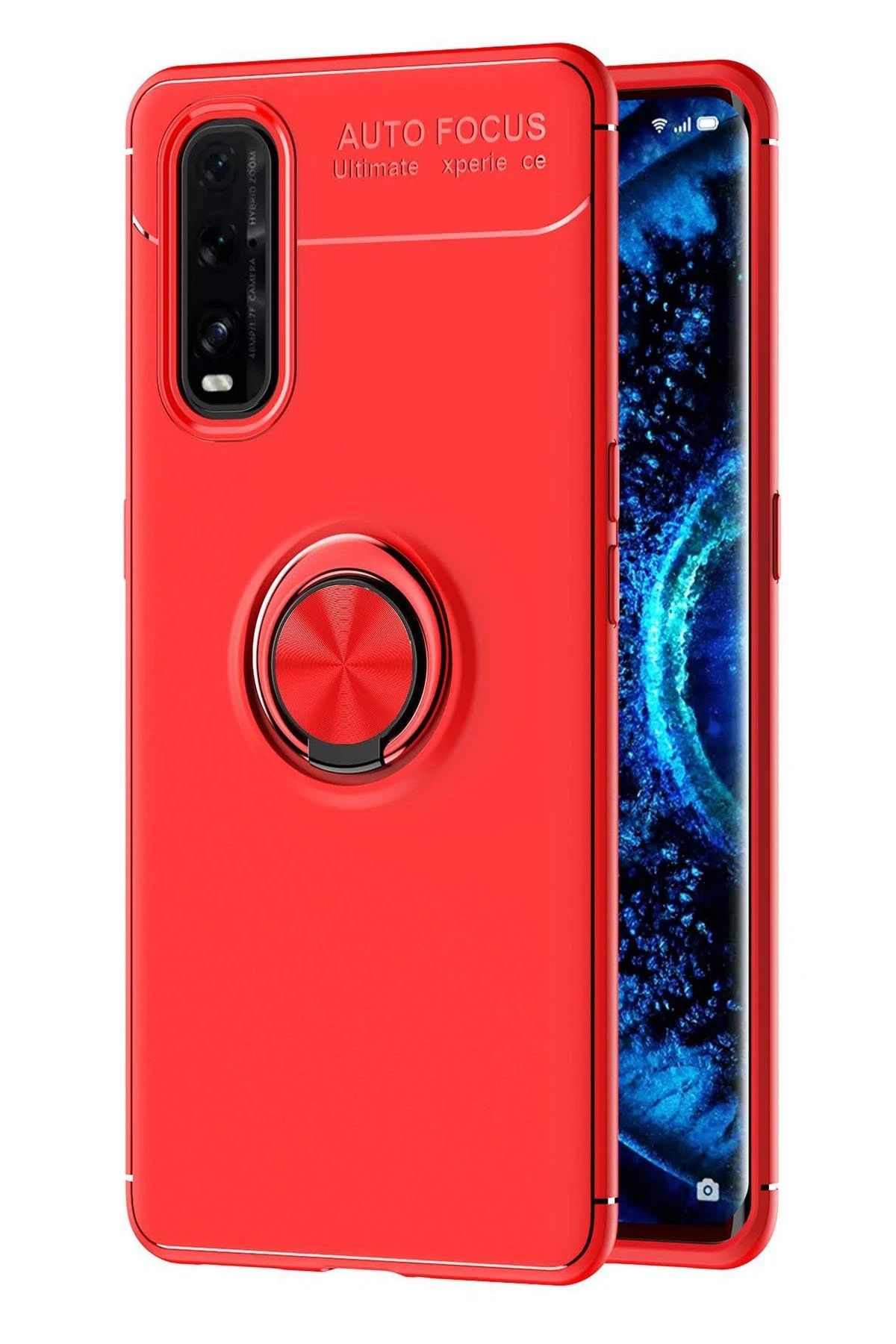 NewFace Find X2 Kılıf Range Yüzüklü Silikon - Kırmızı FLKRY