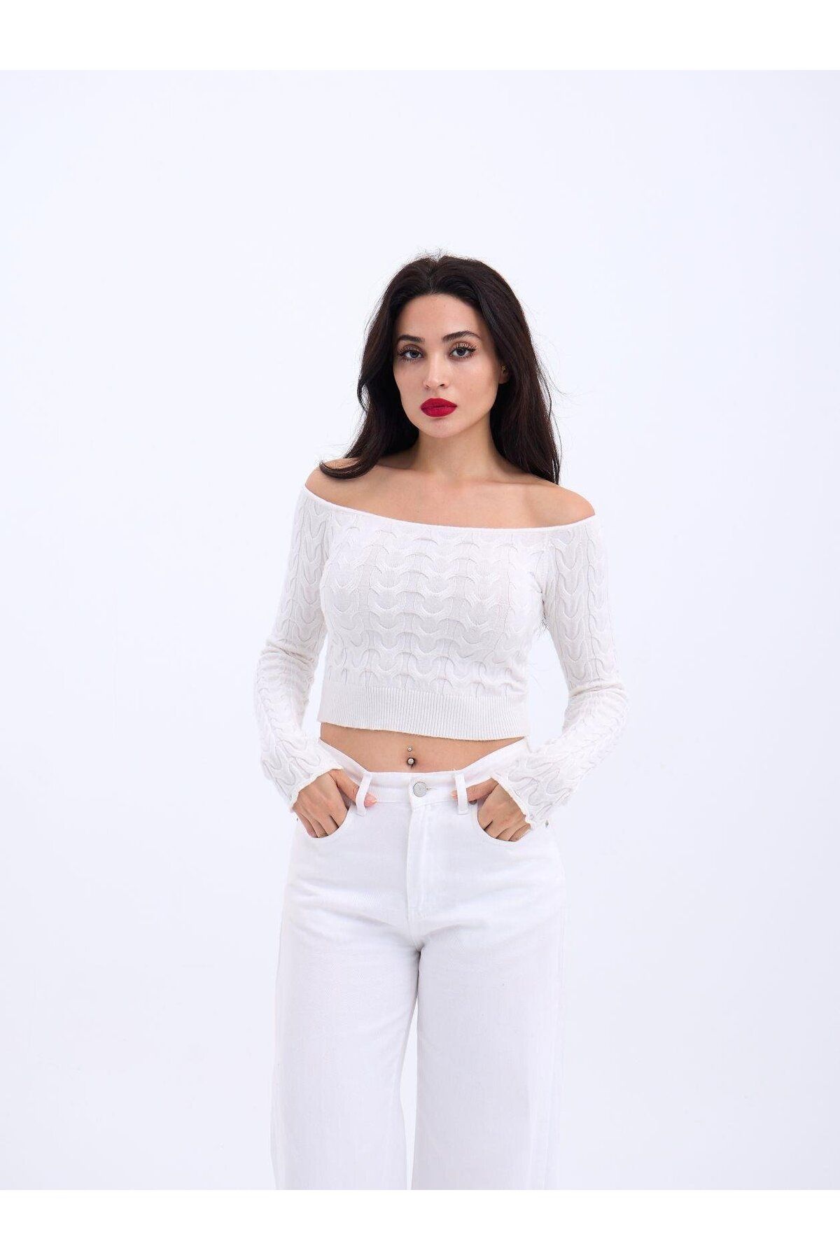 anizmir 42241 TRİKO KAYIK YAKA CROP-EKRU