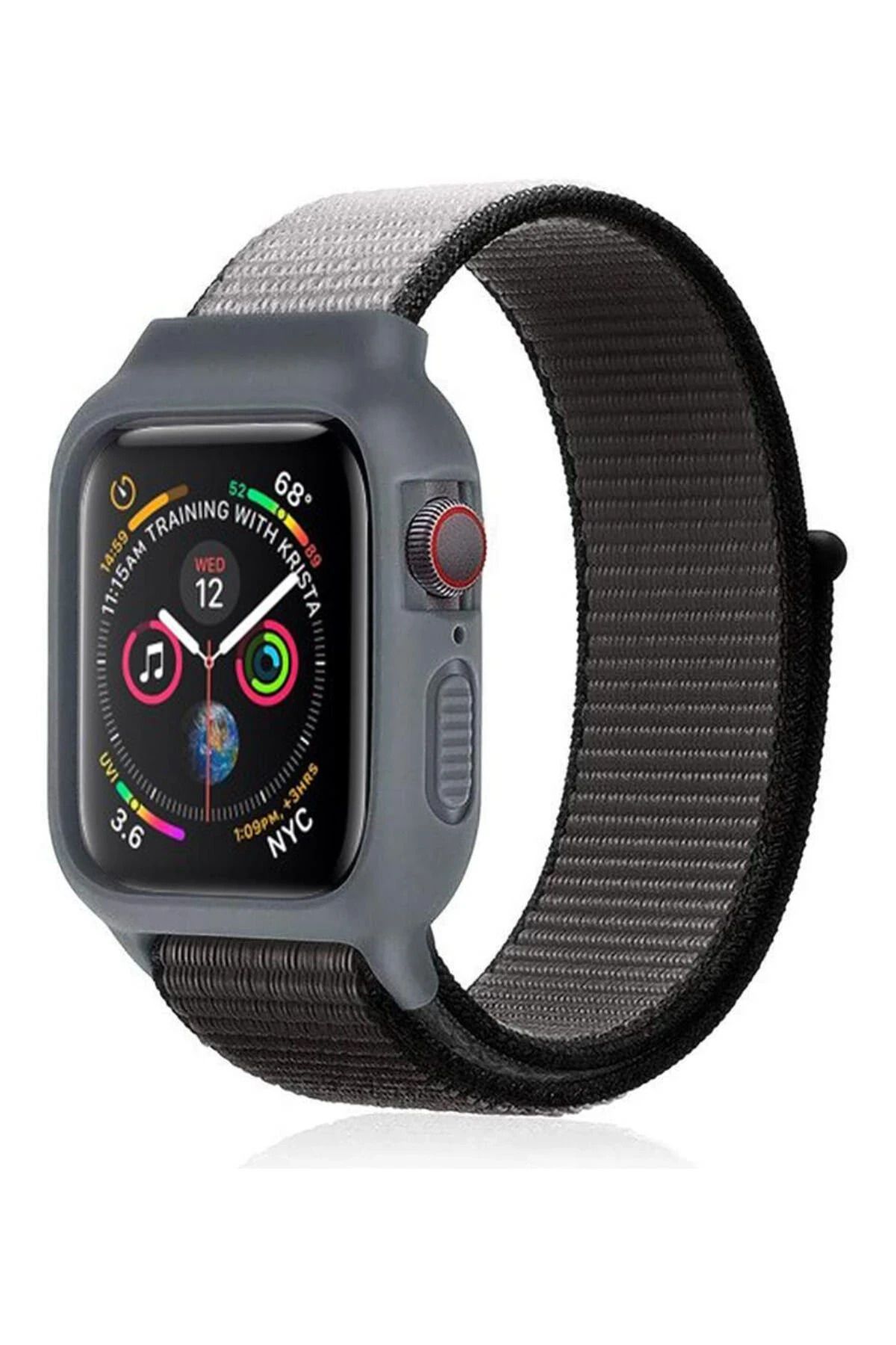 NewFace Apple Watch 38mm Hasırlı Cırtcırtlı Kasalı Kordon - Siyah-Gri INSLM