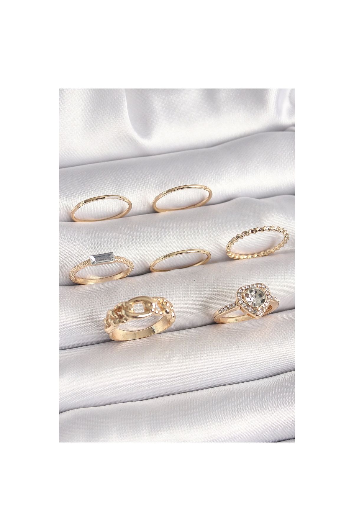 Marsilyan Pirinç Gold Renk Zirkon Taşlı Kalp Figür Düğüm Detay Kadın Yüzük Kombini - TJ-BYK3677