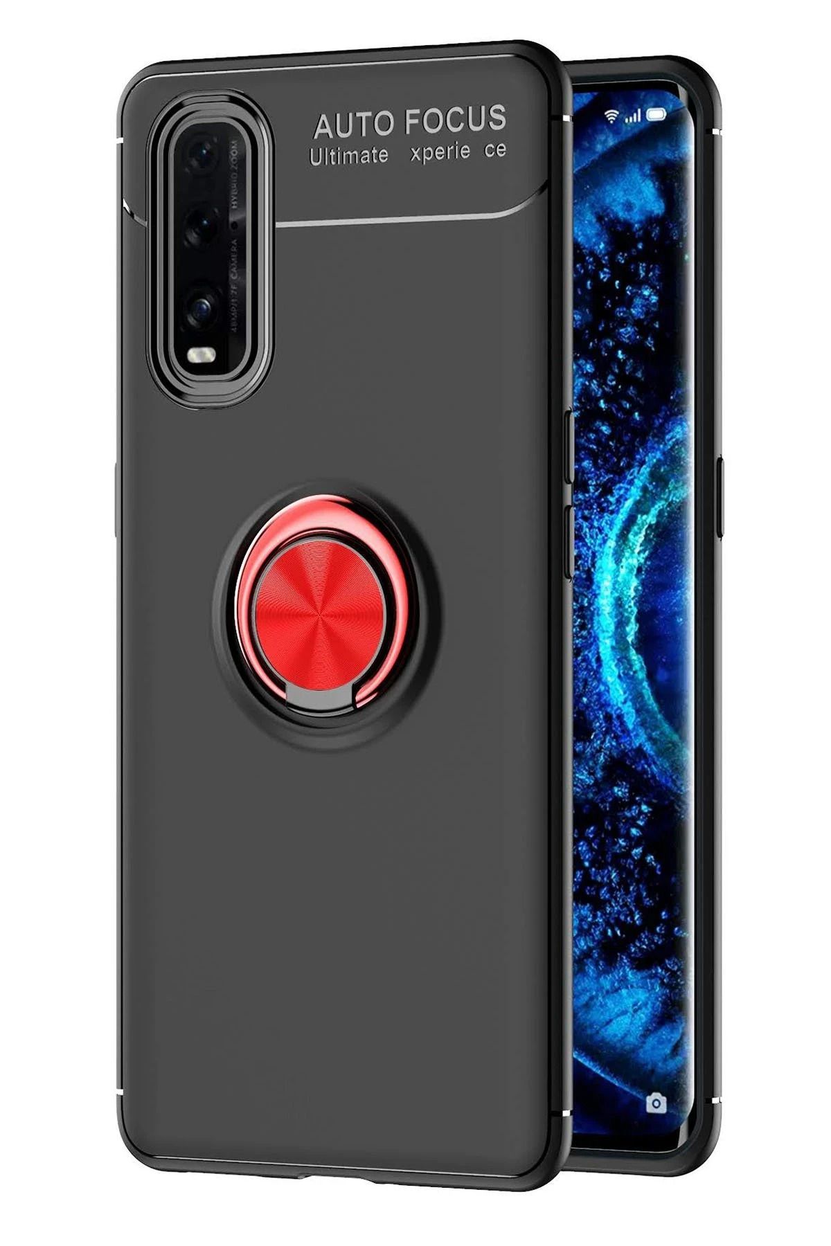 NewFace Find X2 Kılıf Range Yüzüklü Silikon - Siyah-Kırmızı BSTMY