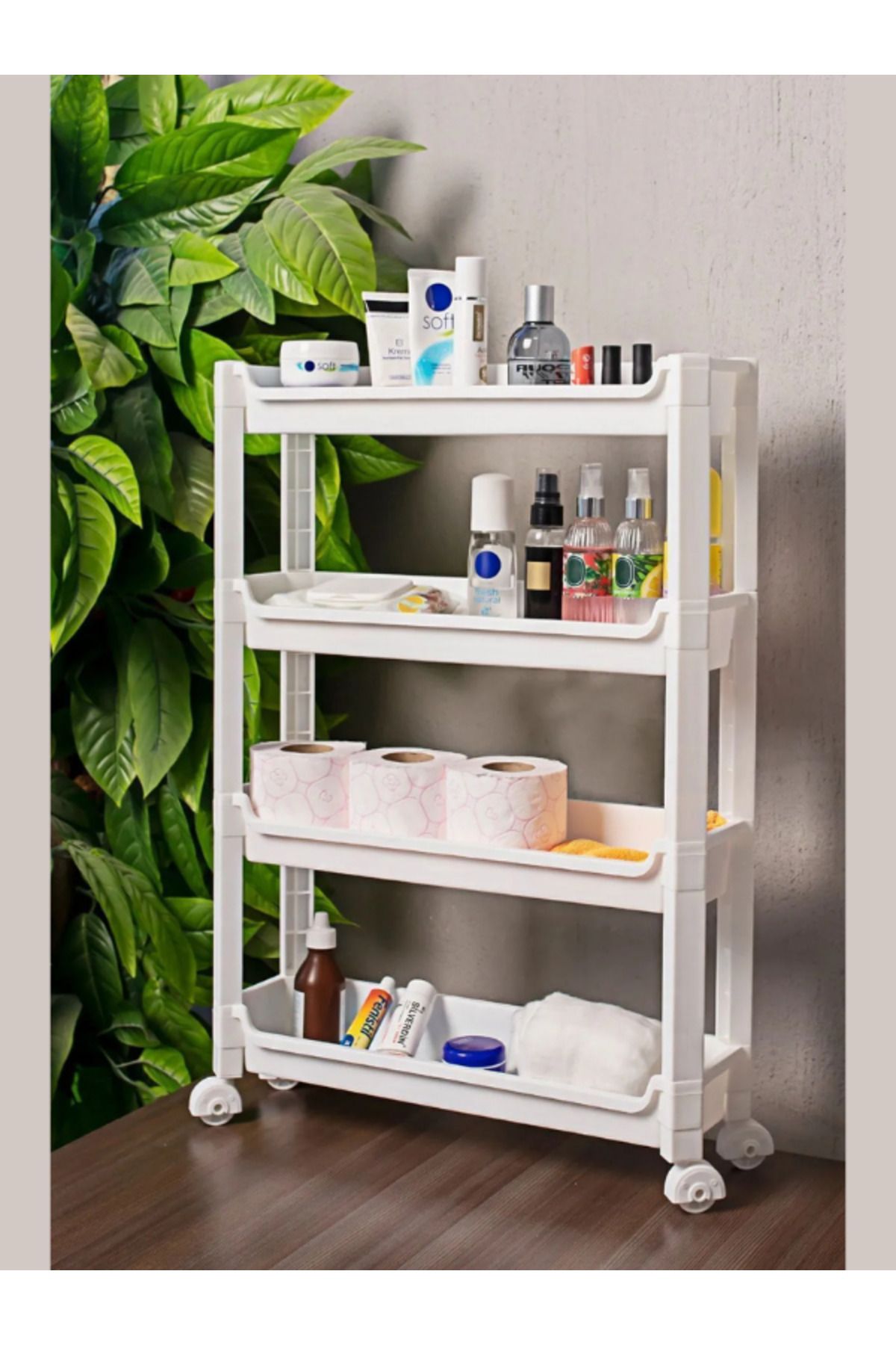 Harvey 4 Katlı Beyaz Tekerlekli Banyo Rafı, Mutfak Rafı, Havluluk, Deterjanlık Makyaj Organizer Vesken
