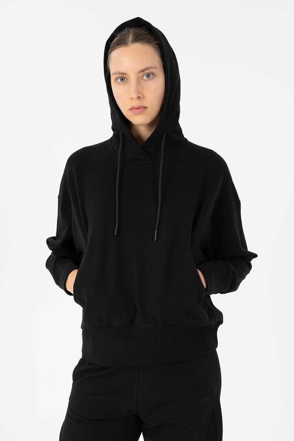MARATON Oversize Kadın Kapşonlu Uzun Kol Siyah Sweatshirt 23053