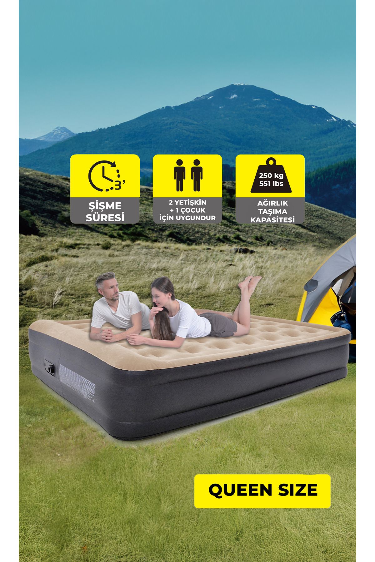 Birlik Oyuncak TERRAVITA Queen Size Yüksek Şişme Yatak Kendinden Elektrikli 203x157x47cm 24042
