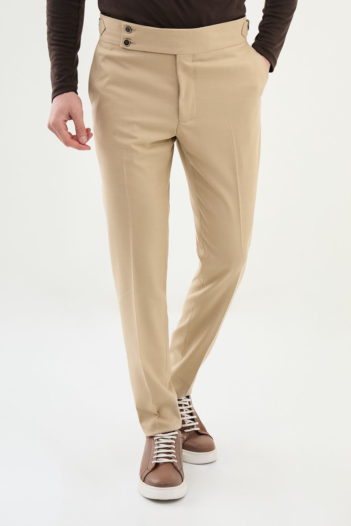 Mcr Düz Bej Super Slim Fit Beli Tokalı Erkek Pantolon