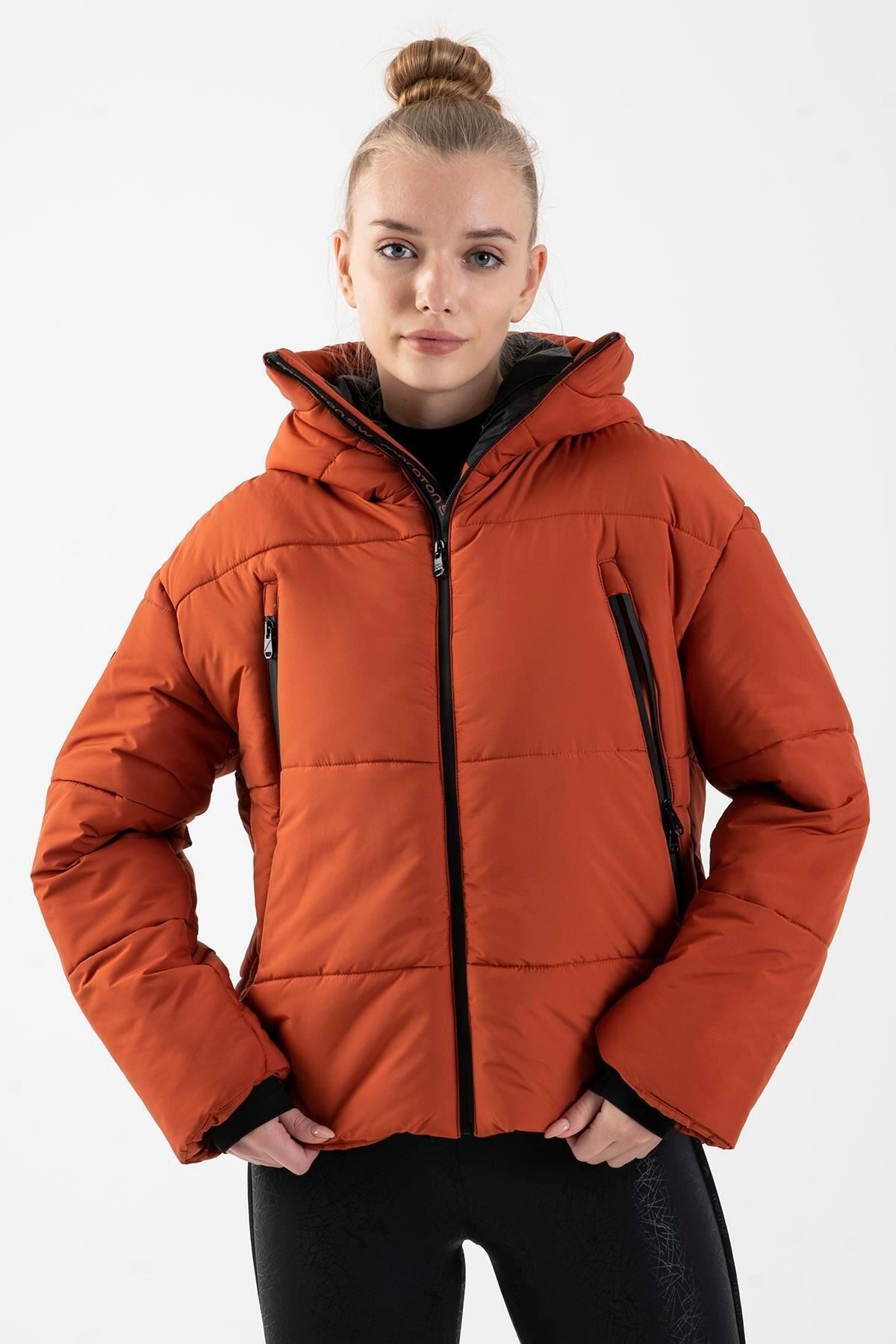 MARATON Oversize Kadın Kapşonlu Uzun Kol Kiremit Mont 21481