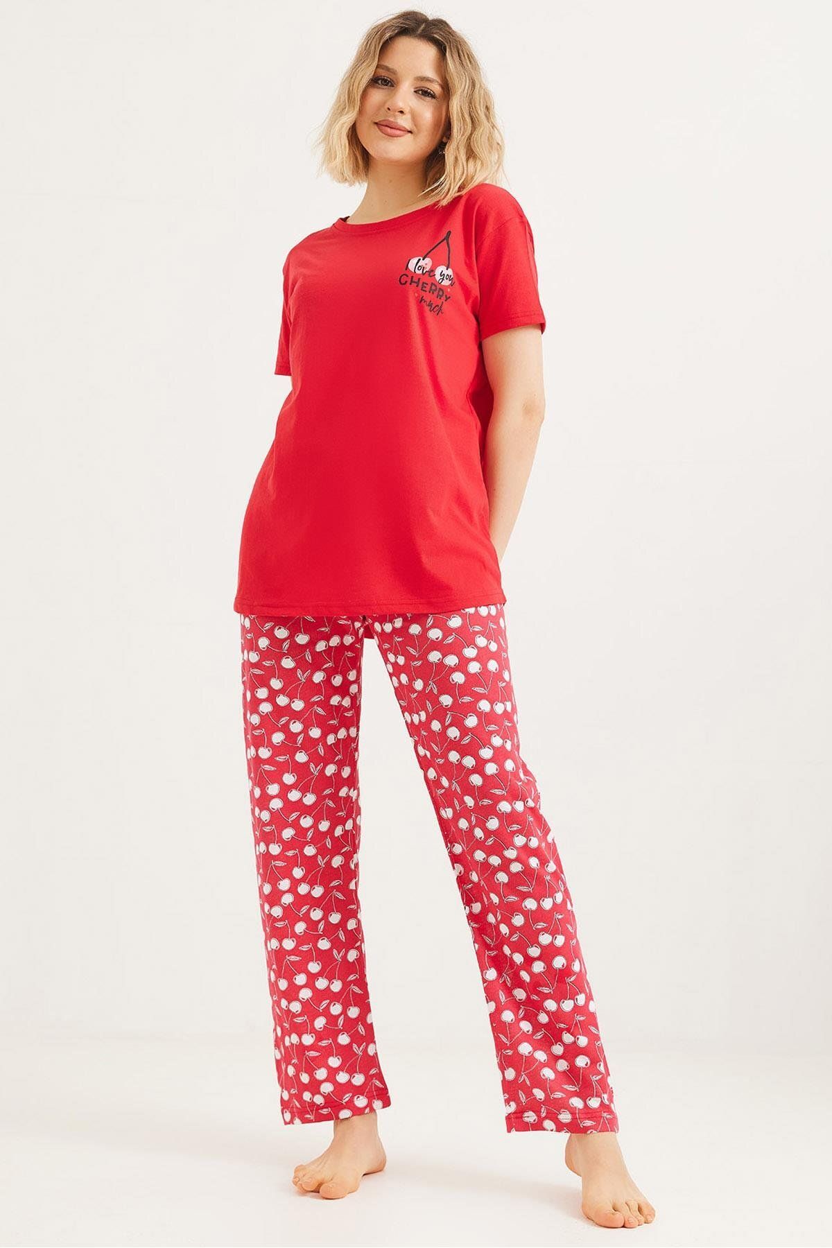 Raneel Kazançlı Alışveriş Baskılı Kısa Kol Pijama Takım Kırmızı