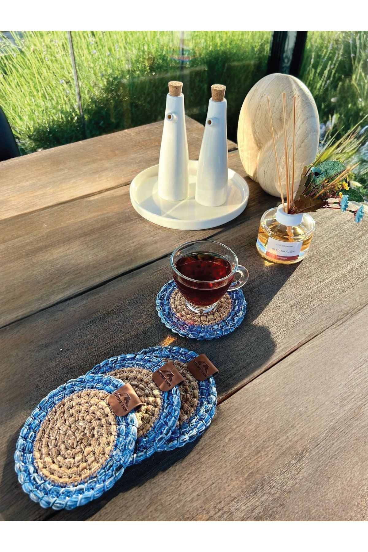 homeınn 4 Adet Yuvarlak Bardak Altlığı- Leke Tutmaz- Naturel-Mavi13x13 cm