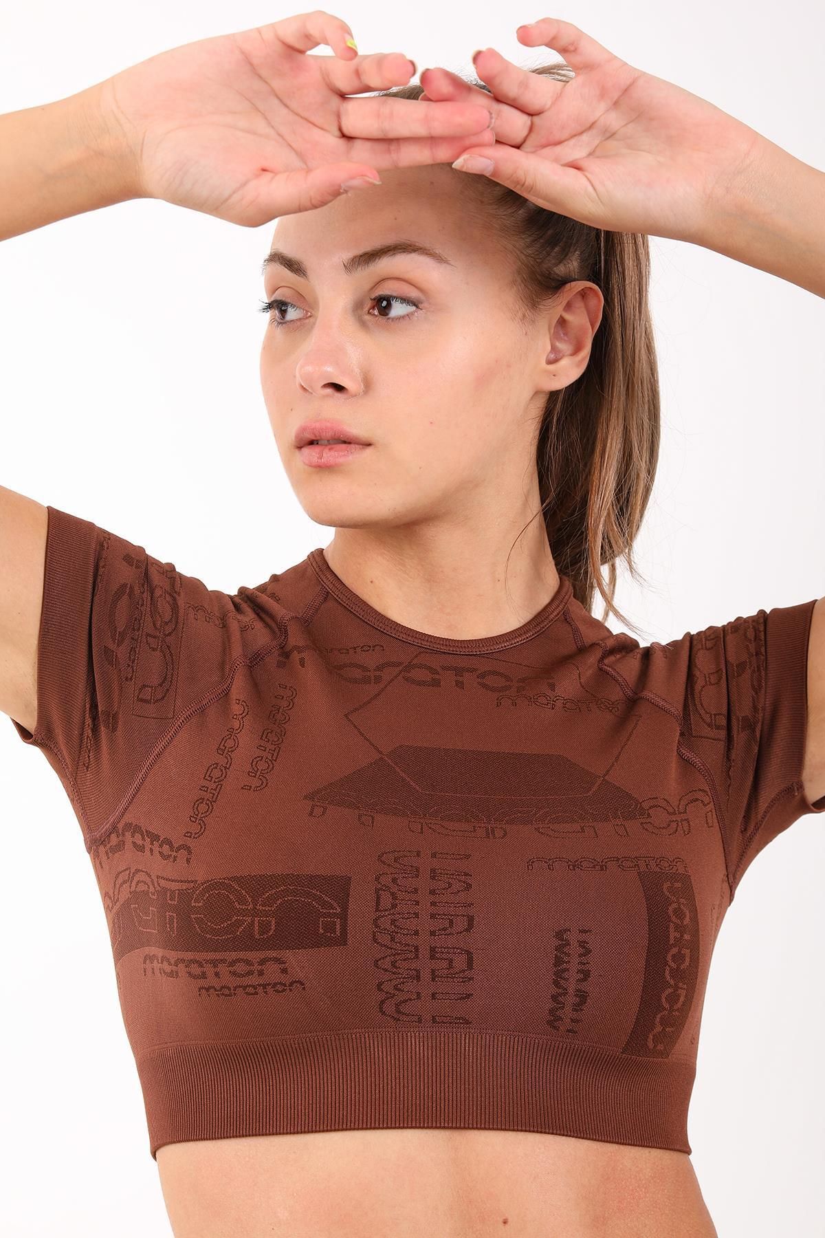 MARATON SlimFit Kadın Bisiklet Yaka Kısa Kol Sepya Crop Top 811037