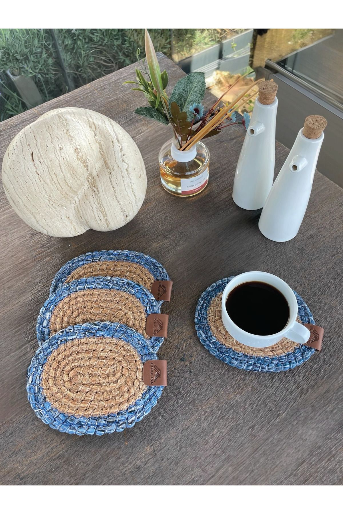 homeınn 4 Adet Oval Bardak Altlığı- Leke Tutmaz- Naturel-Mavi 13x17 cm