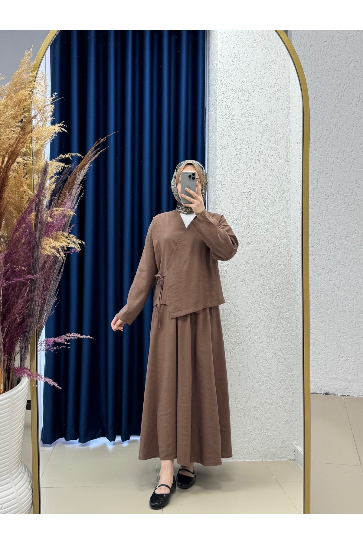 Ebrar Store-Nazan Side Tie Skirt Suit-He8329 Brown 1