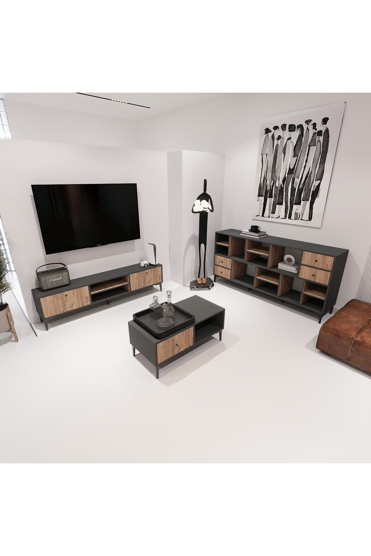 WOODORA DESİNG ASYA TV SEHPASI,KONSOL,ORTA SEHPA 3'LÜ SALON TAKIMI ANTRASİT-ATLANTİK ÇAM