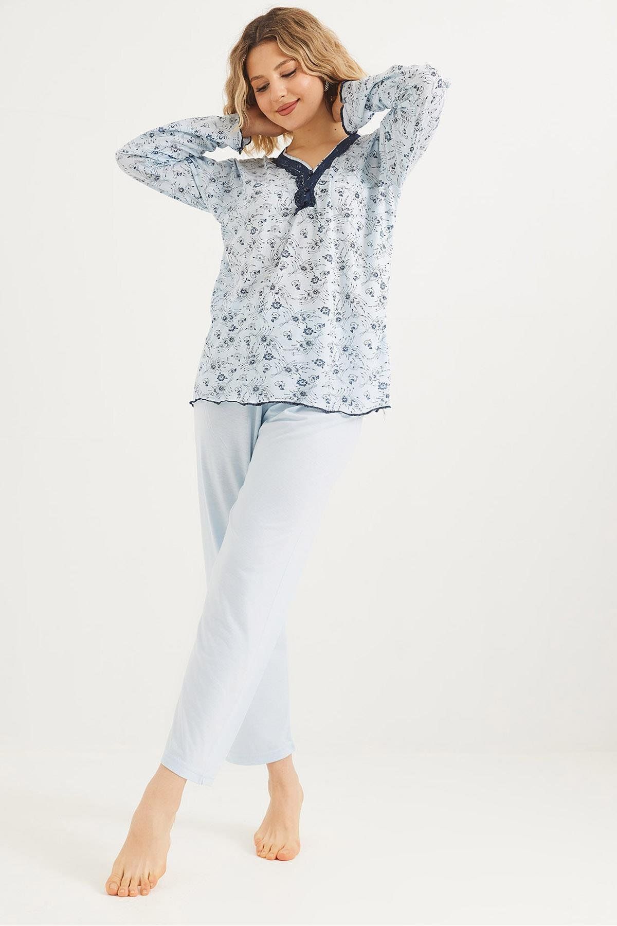Raneel Kazançlı Alışveriş Yakası Dantelli Uzun Kollu Pijama Takımı Mavi