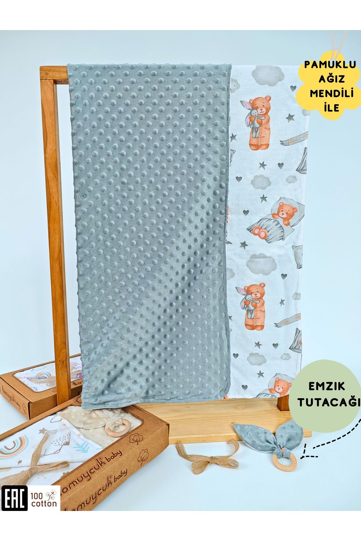Tomuycuk Nohut Desenli %100 Pamuklu Çift Katlı Bebek Battaniyesi – 85x85 cm Kız/Erkek Kundak & Mevsimlik Örtü