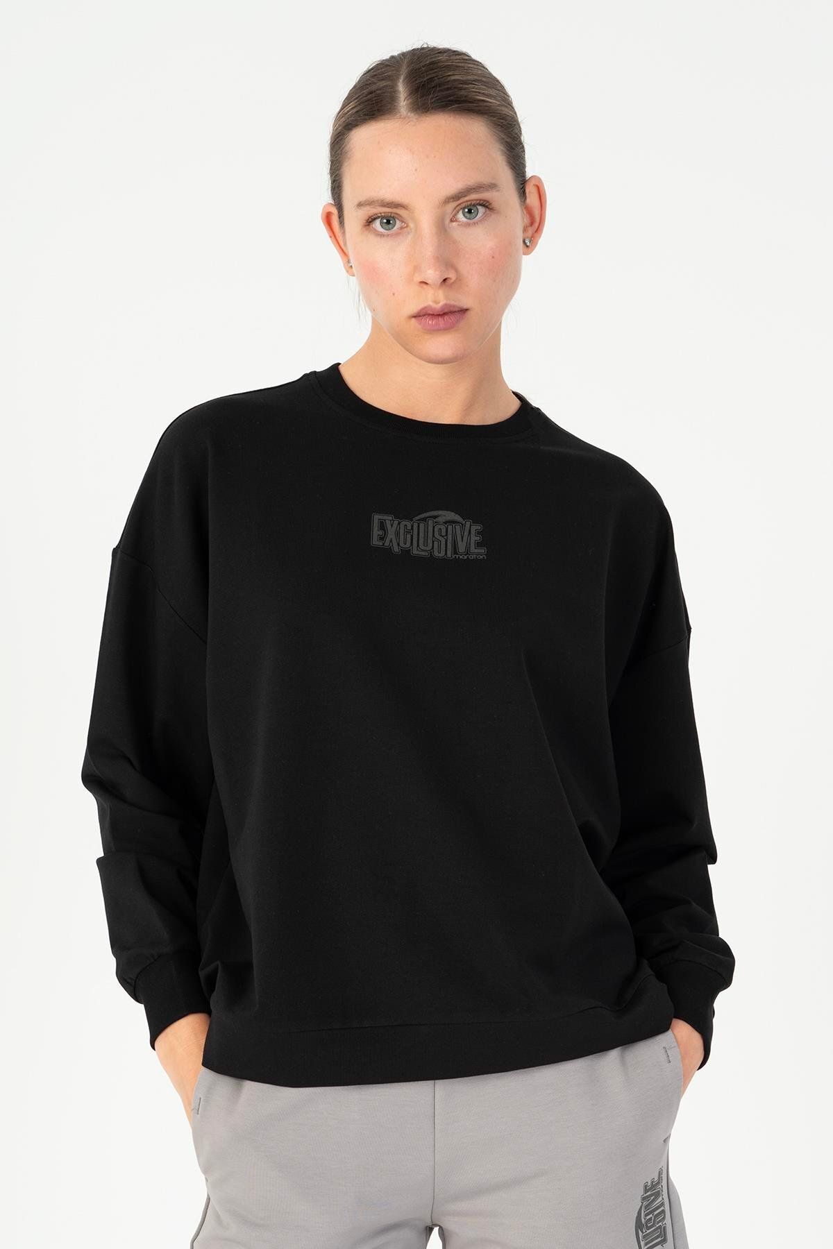 MARATON Oversize Kadın Bisiklet Yaka Uzun Kol Siyah Sweatshirt 23076
