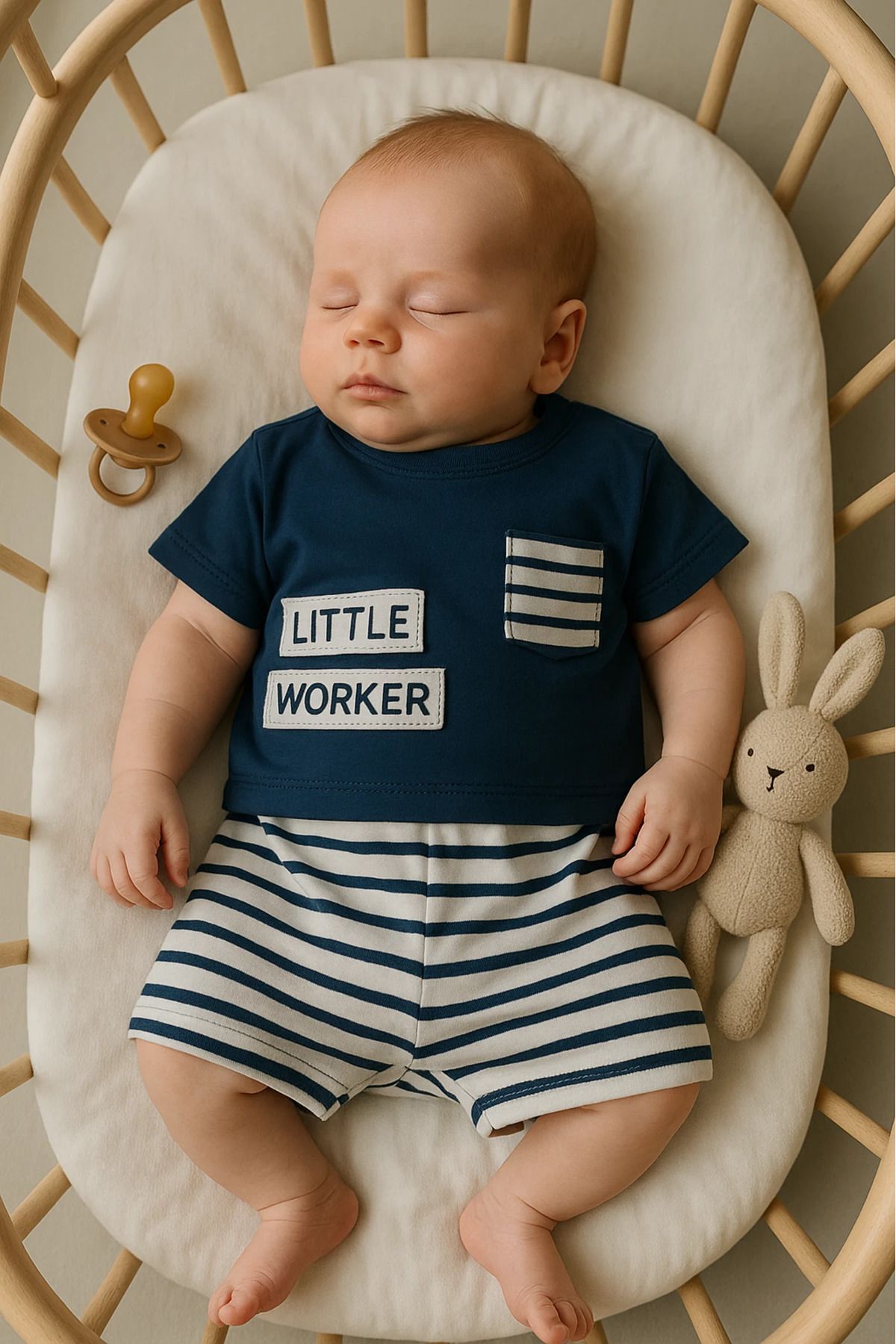 HAVUÇ BEBEK Chocukcha Yazlık Little Worker Baskılı Şortu Çizgili 2’li Bebek Takım