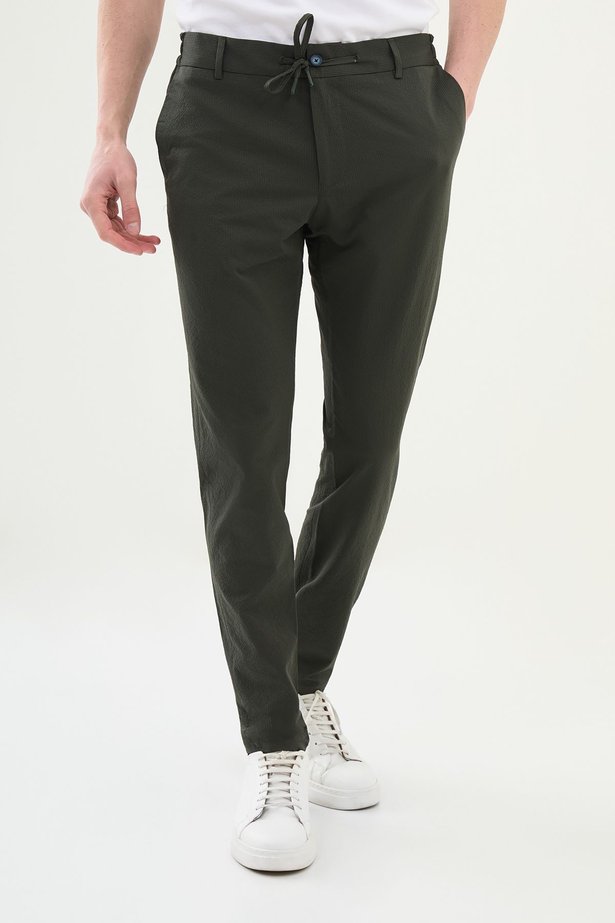 Mcr Gofreli Haki Super Slim Fit Beli Lastikli İpli Erkek Pantolon