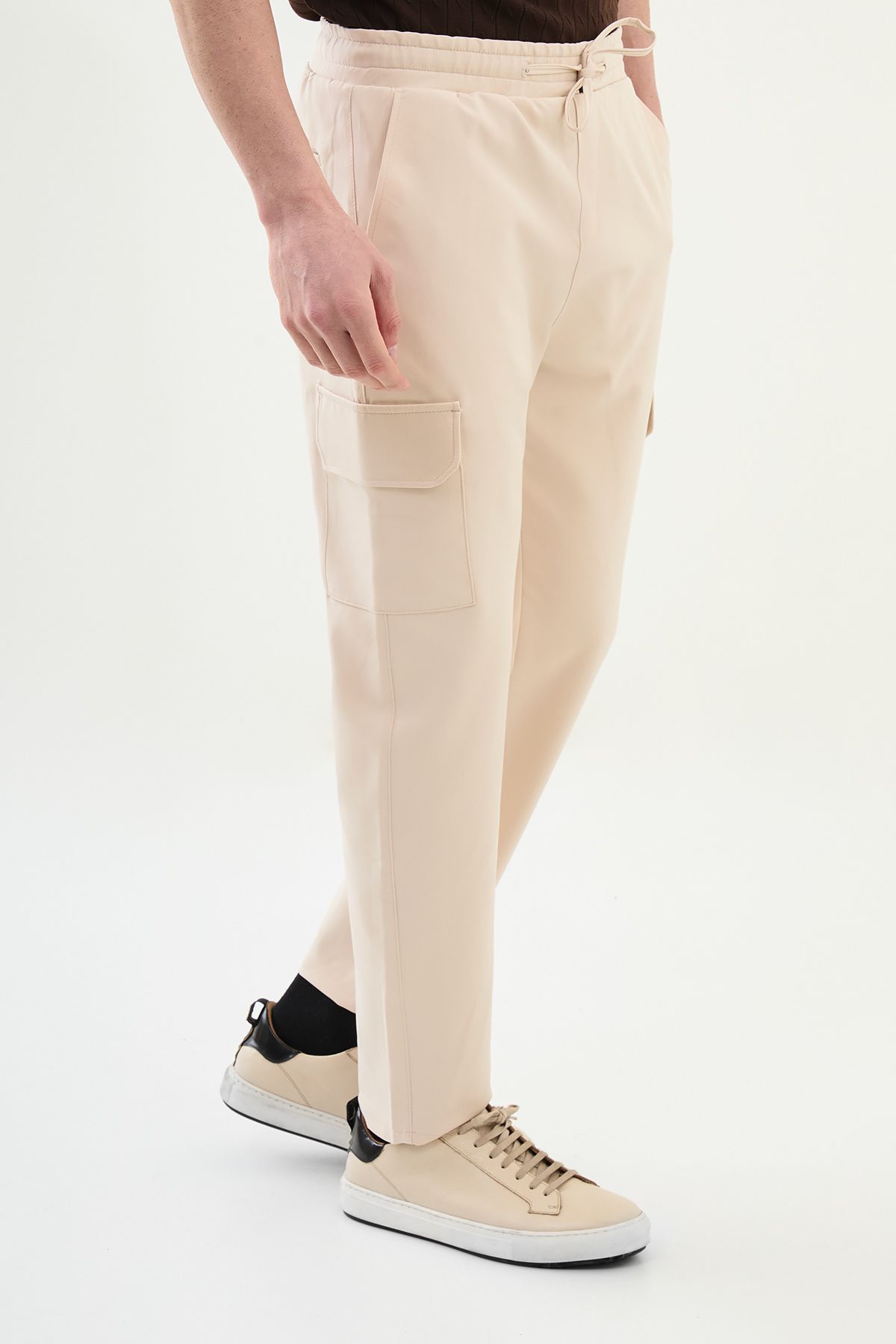 Mcr Düz Taş Rengi Super Slim Fit Beli Lastikli İpli Kargo Cepli Erkek Eşofman