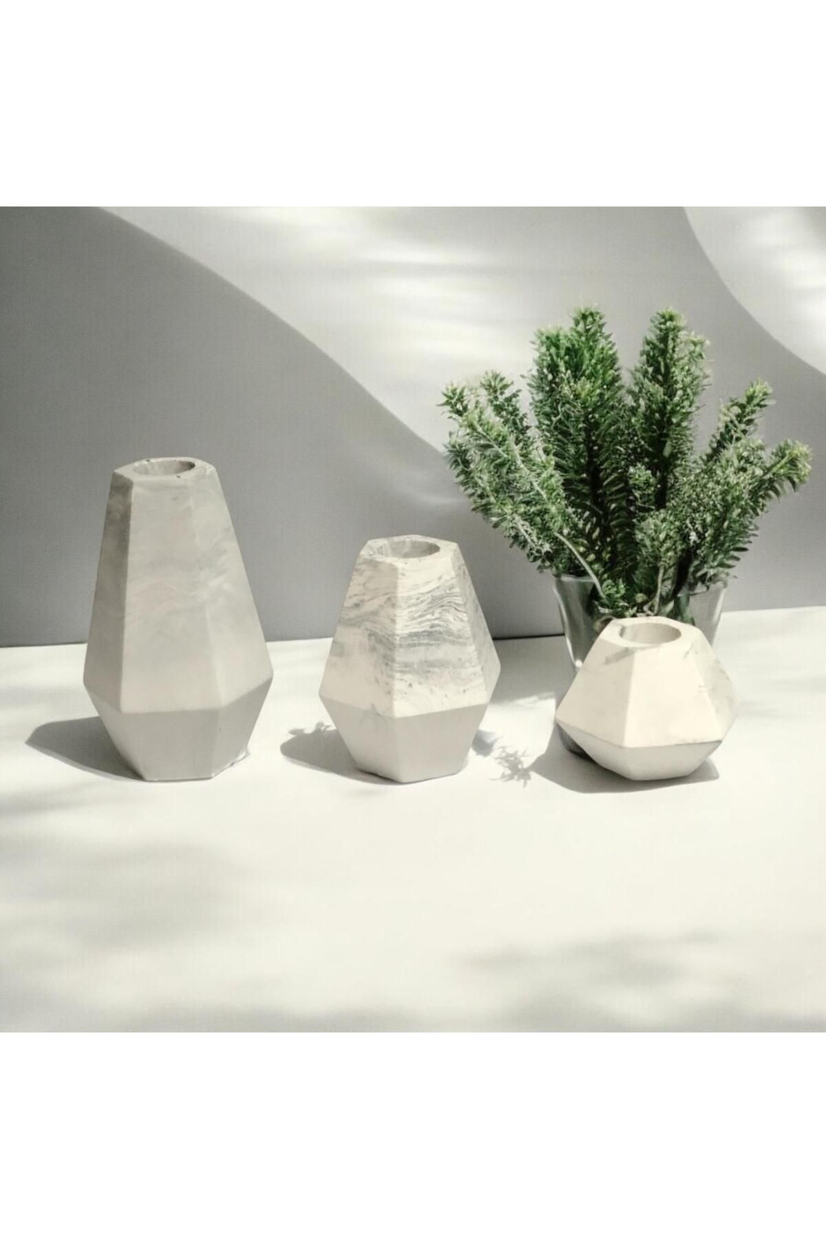 iniaHome Beton Şamdan Elmas Şekilli 3 lü Şamdanlık Mumluk Büyük Küçük Orta Taş Tozu