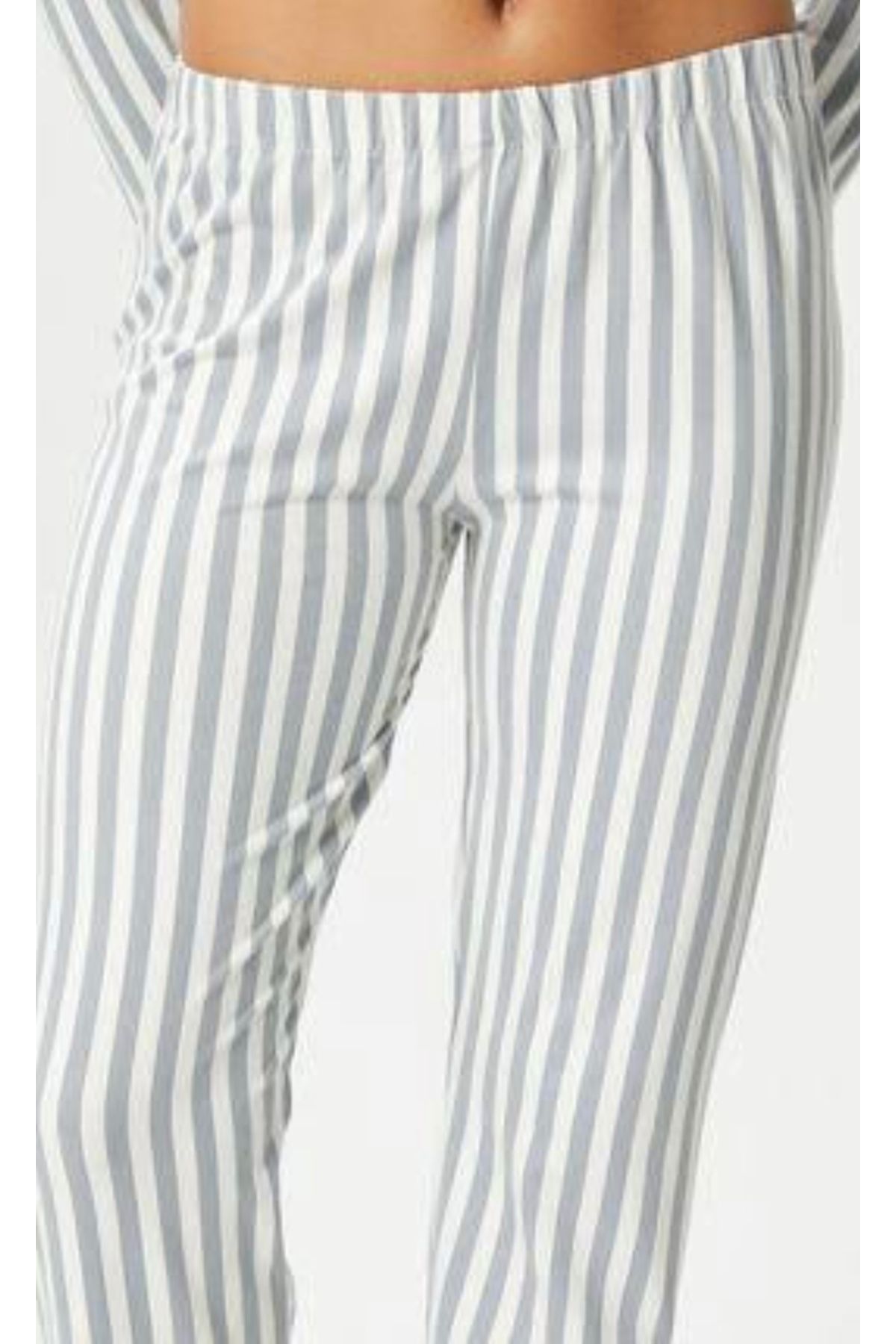 pijama dünyası Pamuklu İnce Nefes Alan Kumaş Gri Beyaz Çizgili Retro Kadın Pijama Altı