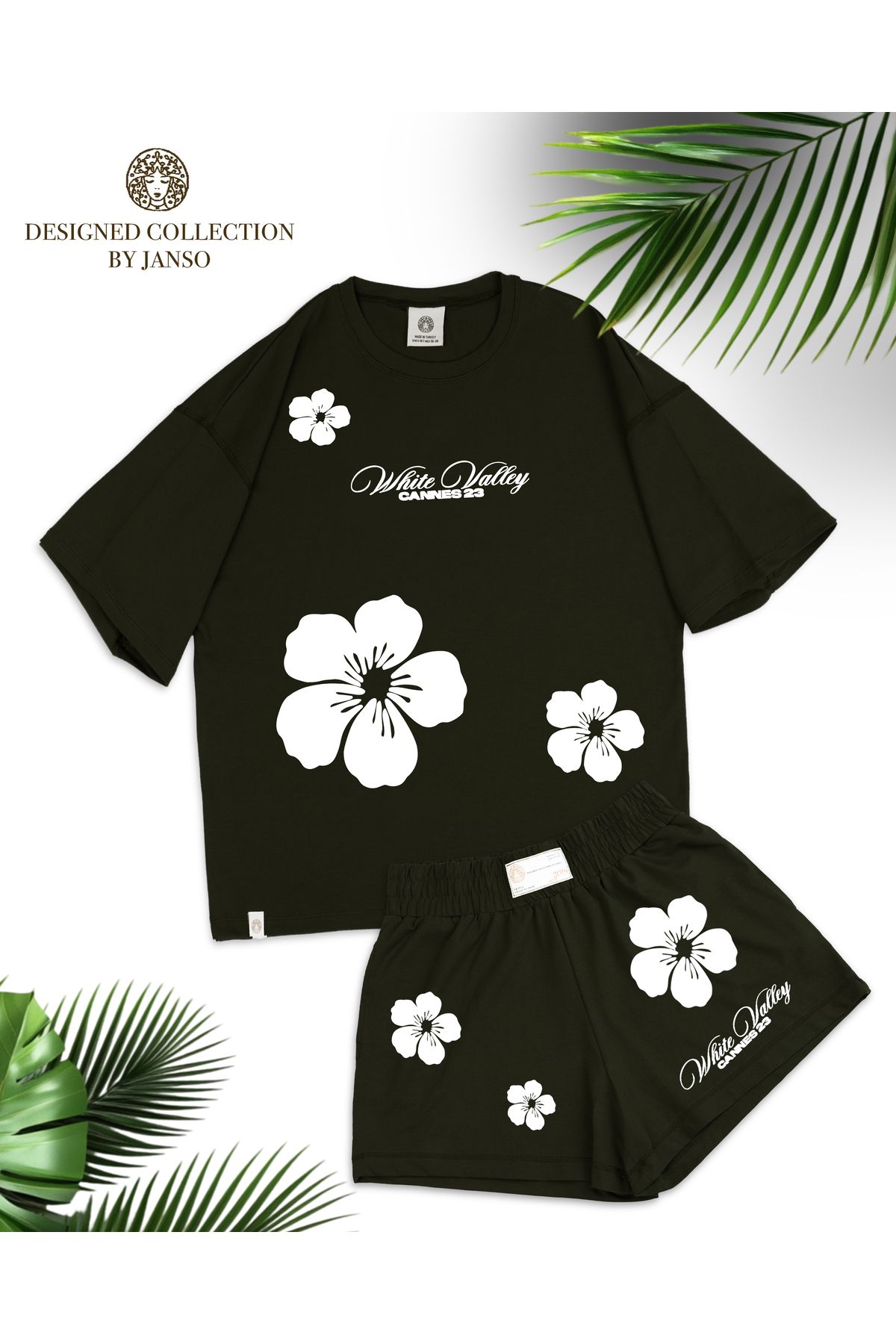 JANSO GROUP - KADIN ÇİÇEK BASKILI KISA KOLLU TSHIRT-ŞORT TAKIMI BÜYÜK BEDEN PAMUKLU
