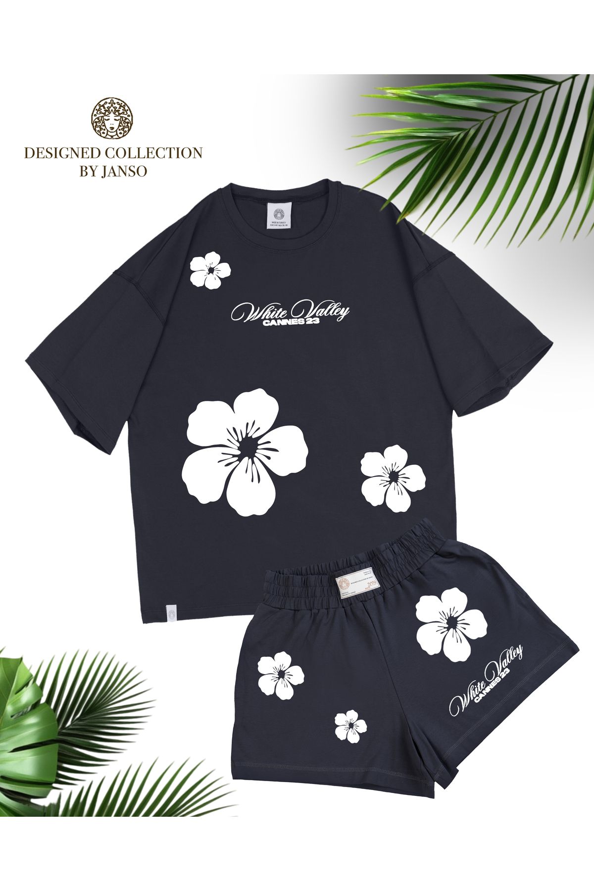 JANSO GROUP - KADIN ÇİÇEK BASKILI KISA KOLLU TSHIRT-ŞORT TAKIMI BÜYÜK BEDEN PAMUKLU