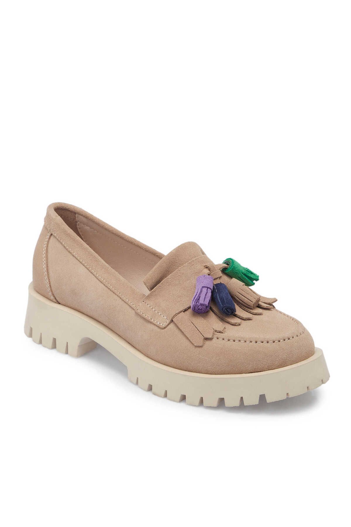 Tergan Bej Hakiki Süet Deri Kadın Loafer - K24I1AY67078-B79