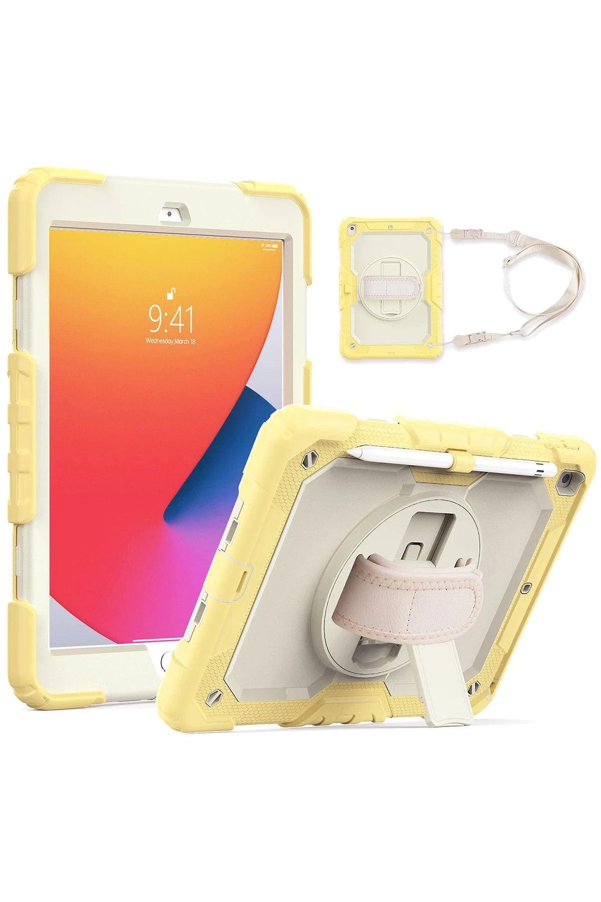 NewFace iPad 10.2 (7.nesil) Kılıf Strap New Tablet Kapak - Sarı HNZRN