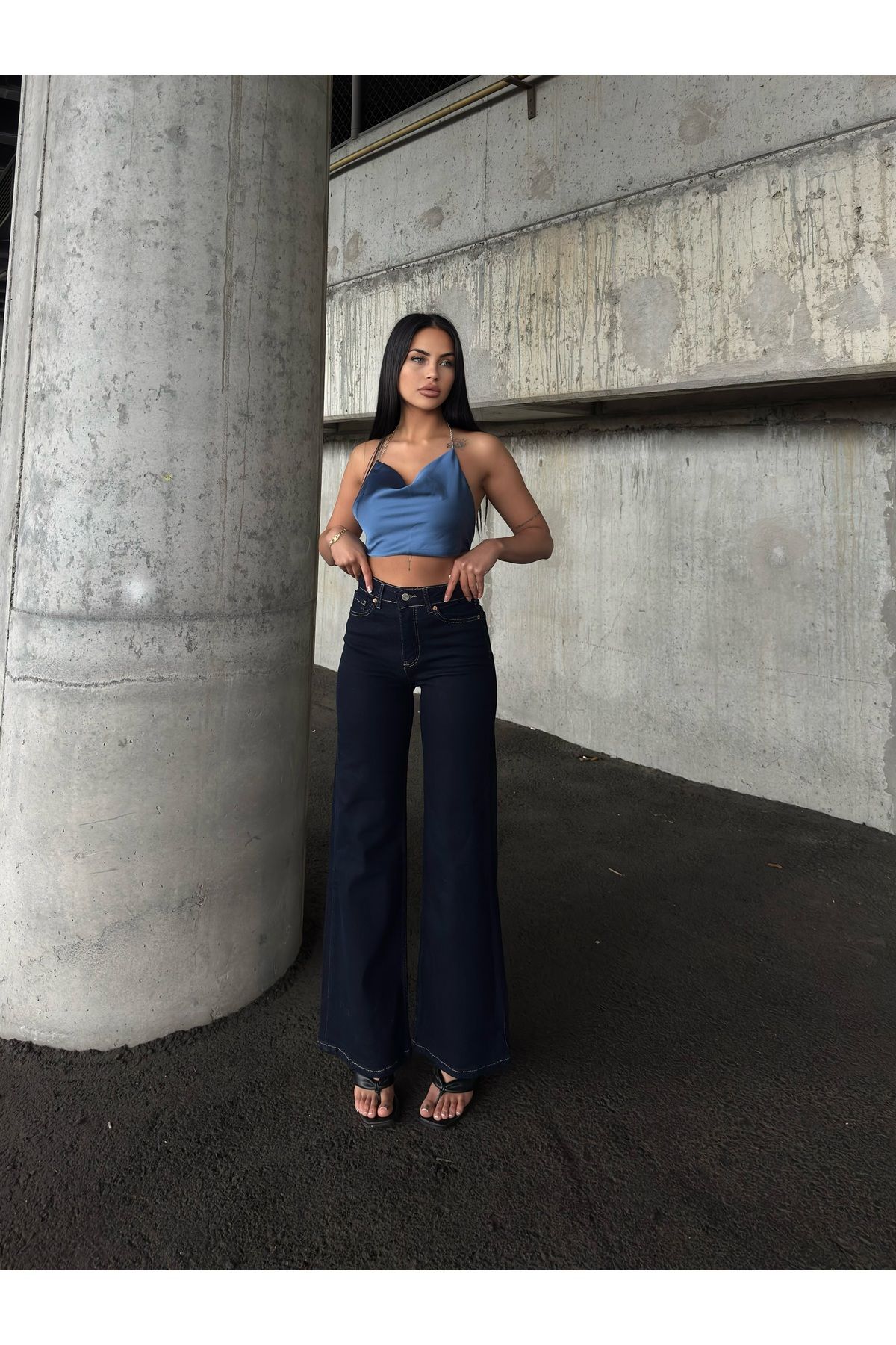 Miele Woman Kadın Koyu Mavi Rins Yıkama Wide Leg Yüksek Bel Likralı Bol Paça Salaş Geniş Jeans