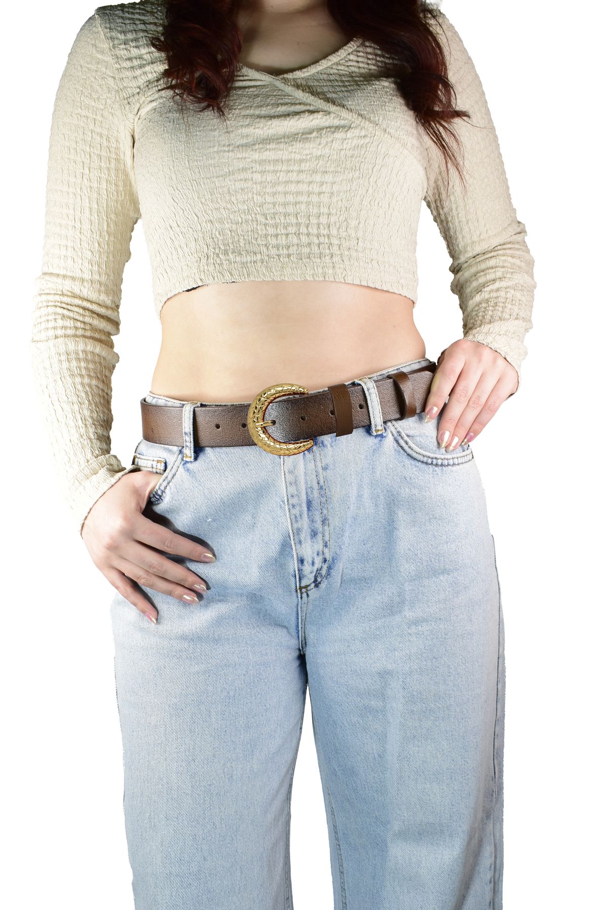 کمربند چند رنگ زنانه 100% چرم اصل شلوار جین قهوه ای با سگک طلایی ورزشی 4 سانتی متر GoDeri