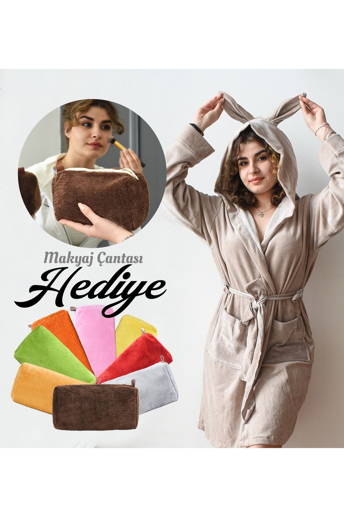 Özgüner Oyuncak Annelere Özel Yumuşacık Kadife Sabahlık + Hediye Makyaj Çantası