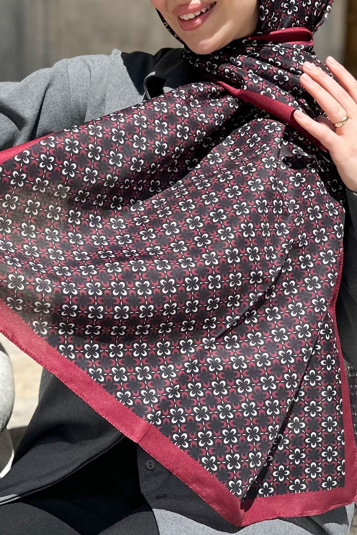 Sultan Eşarp-Sultan Fresh Cotton Shawl - Clover Pattern - Slf004-02 - Burgundy, Black 3