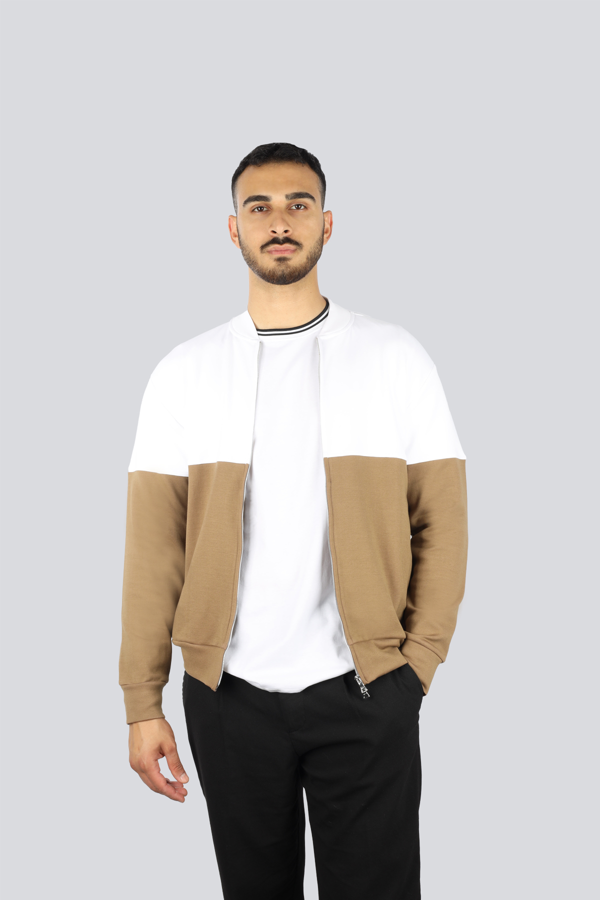 پال اند شارک کاپشن مردانه آستین بلند یقه ایستاده معمولی فیت سفید-بژ 25411827-244