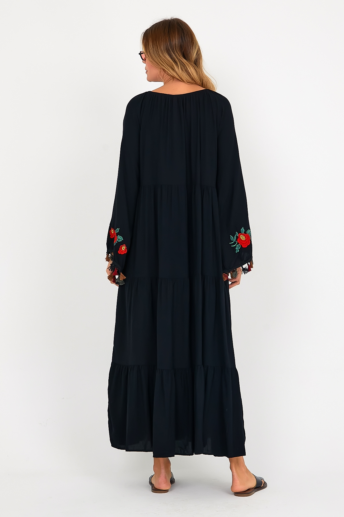 Tubik-Women's Madonna Collar Sleeve Tasseled Floral Embroidery Detailed Viscose Dress 8