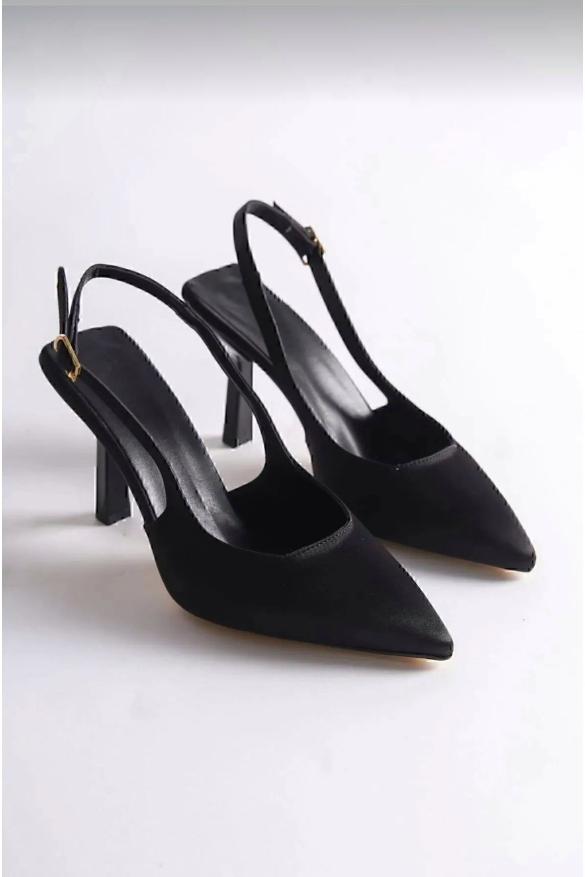 simplicity Siyah Saten Stiletto Sivri Burun Topuklu Ayakkabı