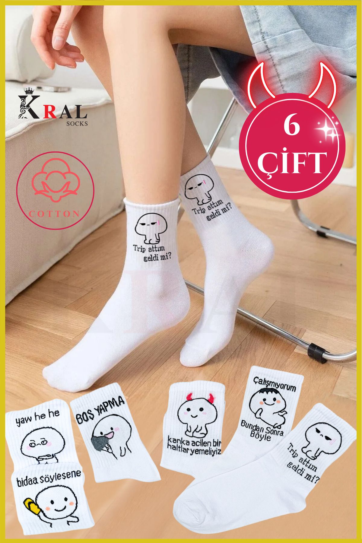 KRAL SOCKS Unisex Çorap (6 Çift) Pamuklu Tenis Çorap ATARLI GENÇLİK Kolej Boy