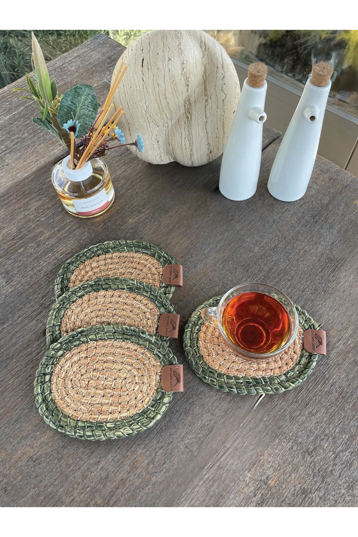 homeınn 4 Adet Oval Bardak Altlığı- Leke Tutmaz- Naturel-Yeşil 13x17 cm