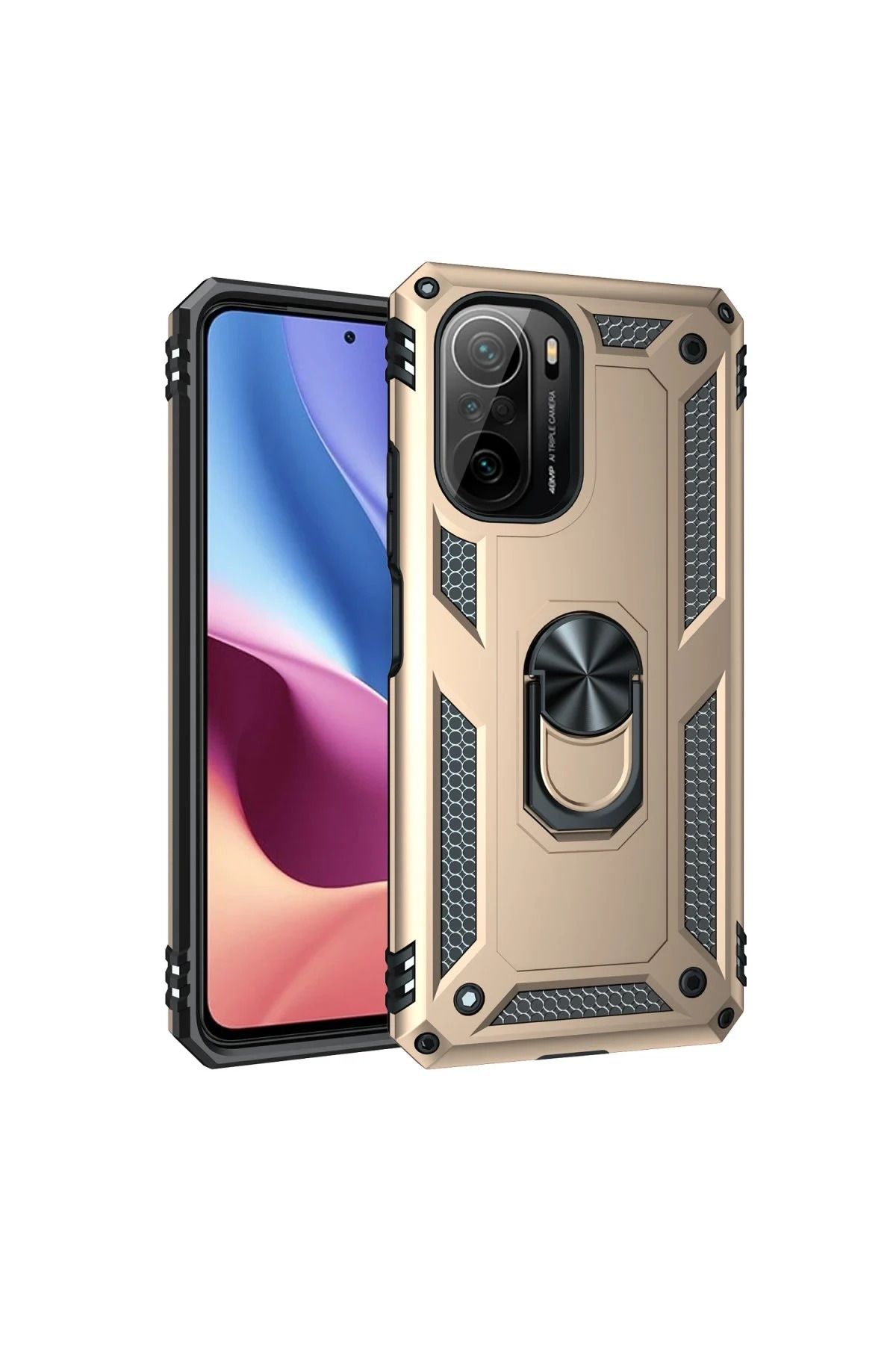 NewFace Xiaomi Poco F3 Kılıf Sofya Yüzüklü Silikon Kapak - Gold FERRG