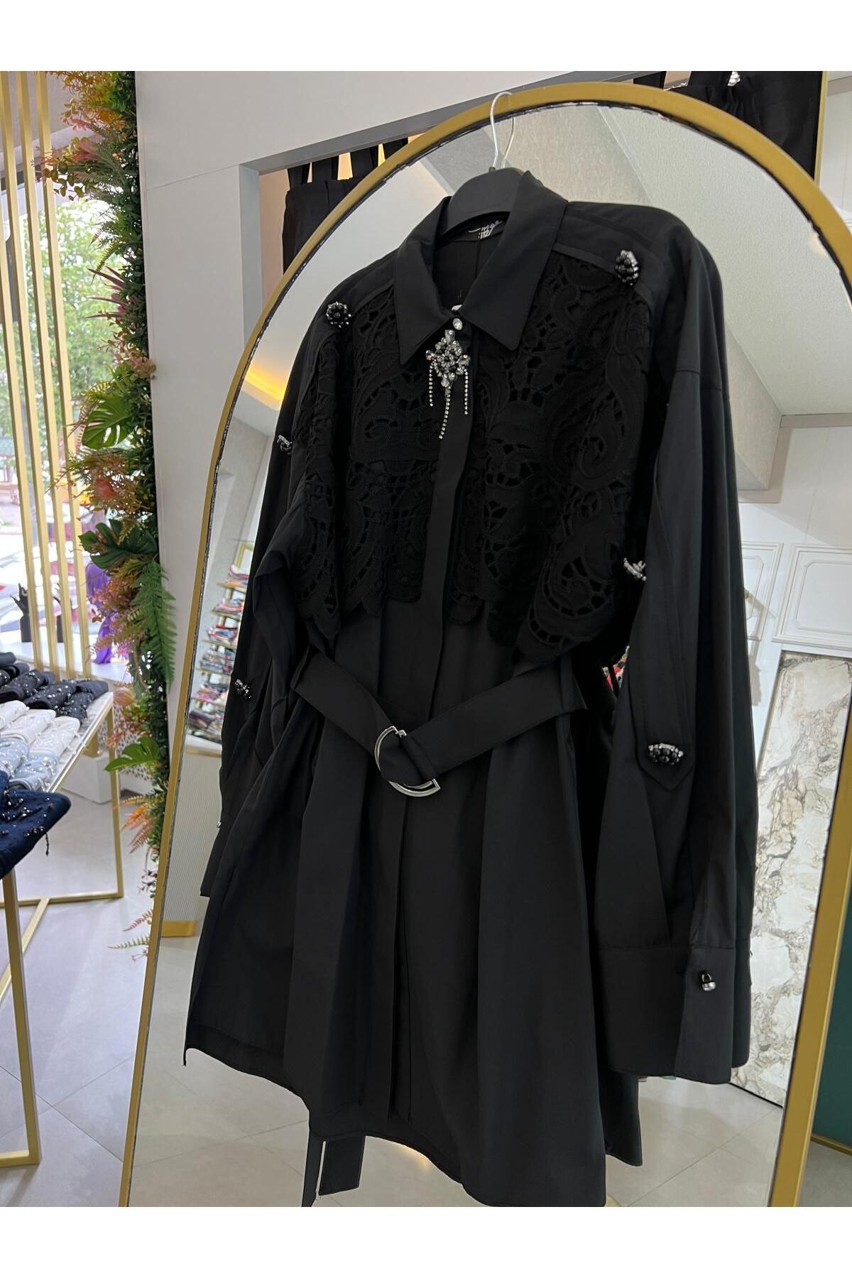 Orfeo Negro MY312 Kadın Dantelli İncili Tunik Siyah