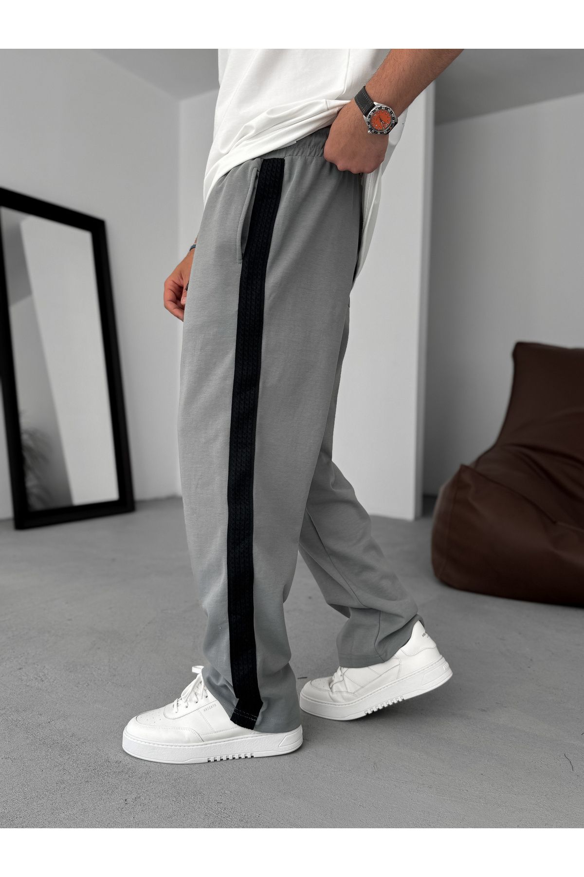 BYBASICMAN Gri Örgü Şeritli Boru Paça Eşofman RES-5250