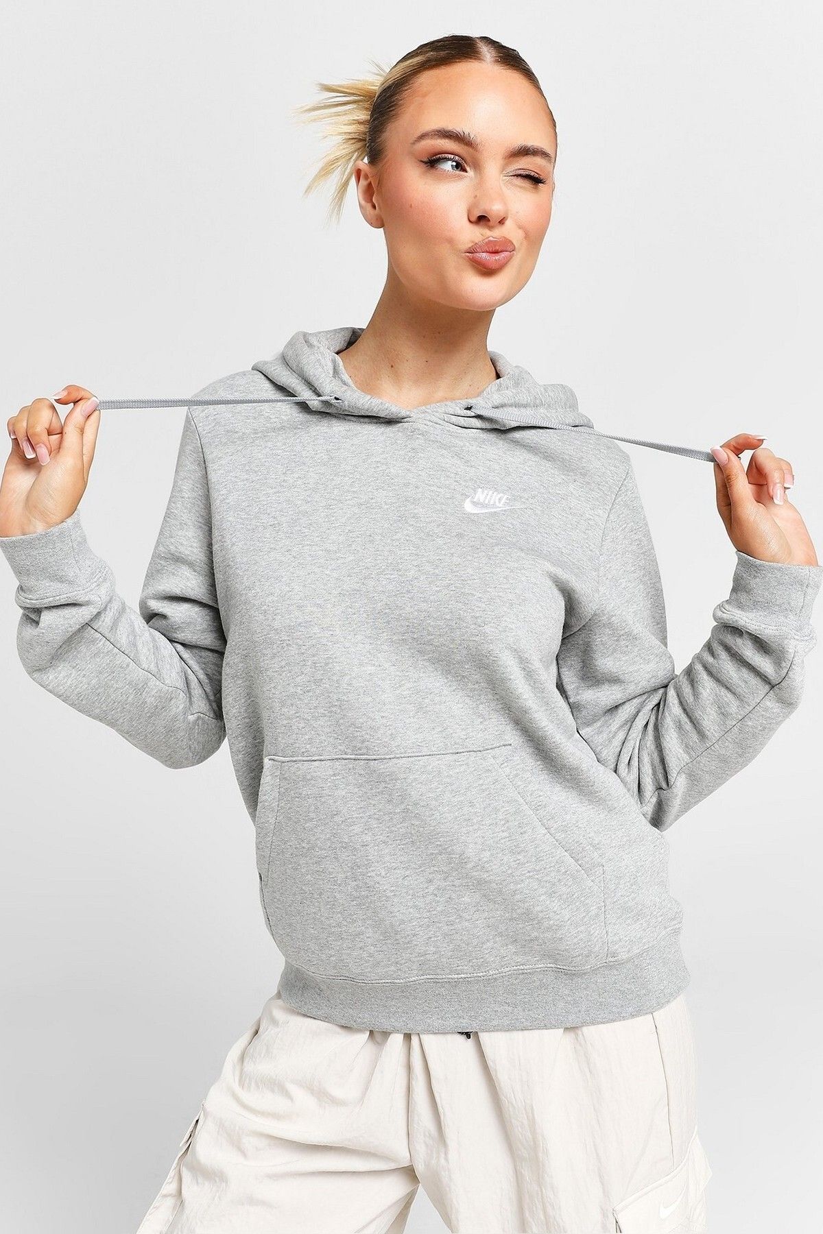 Nike Sportswear Essential Collection Fleece Hoodie Kadın Bol Kesim Kapüşonlu Sweatshirt Gri Melanj