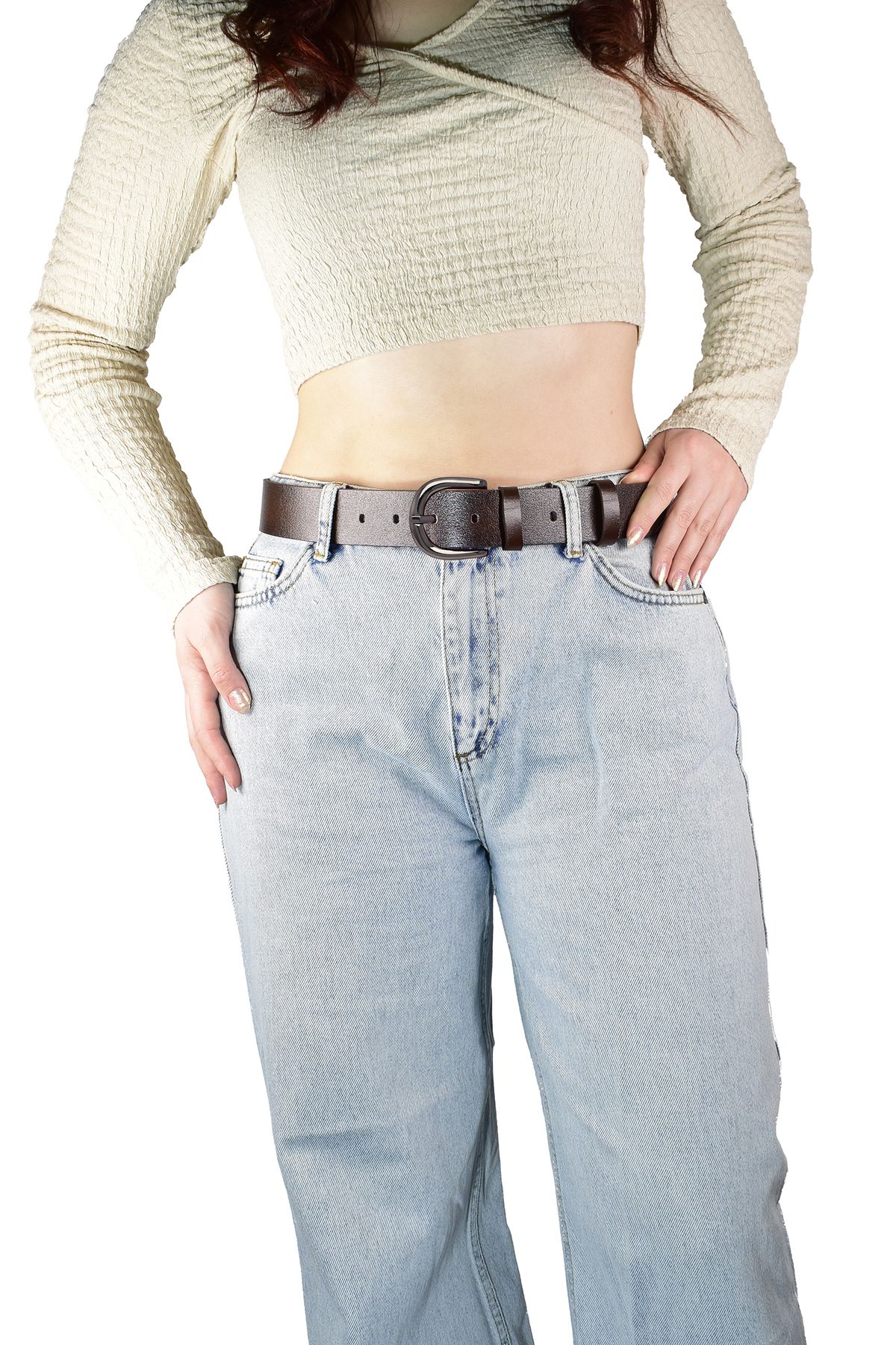 GoDeri-100% Genuine Leather, Dark Brown Women's Jeans Belt with Matte Silver Buckle 4 Cm=an-byn-71 3
