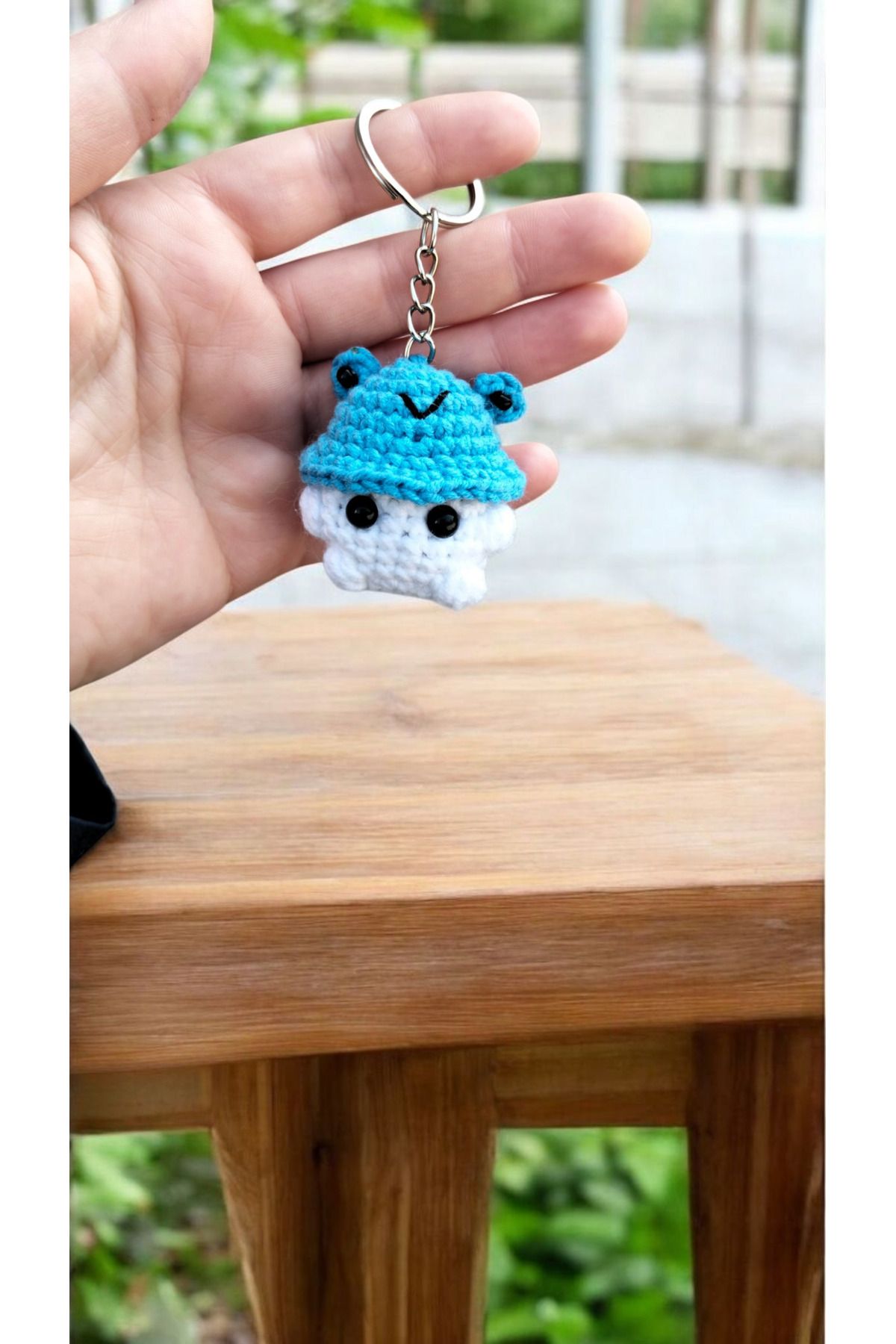 çakır gurumii Amigurumi Anahtarlık mantar kurbağa şapka mavi
