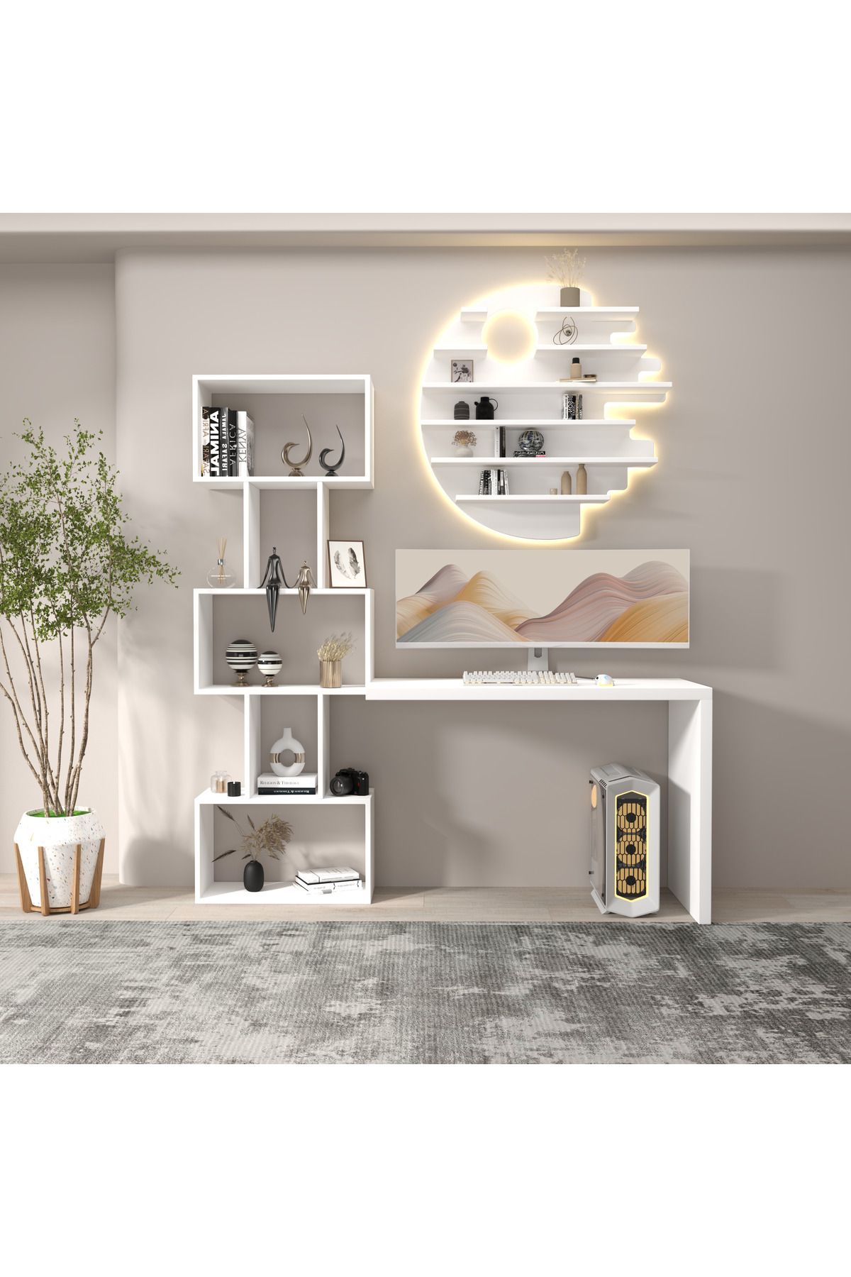 klubeconcept Modern LED Aydınlatmalı Çalışma Masası Seti Raf Kitaplık Masa Takımı