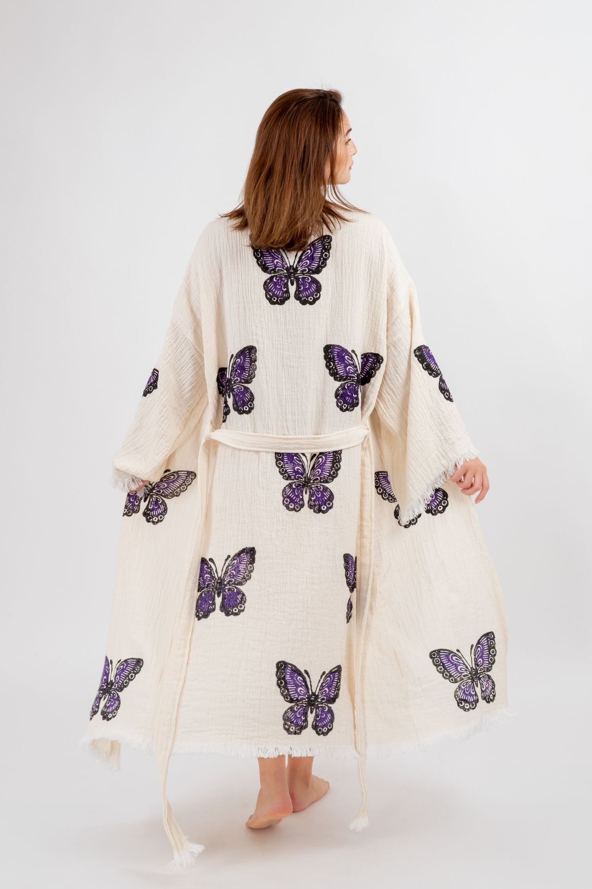 Befera Design Müslin Kimono %100 Pamuklu Kelebek Baskılı Desenli Bornoz Kaftan Sabahlık